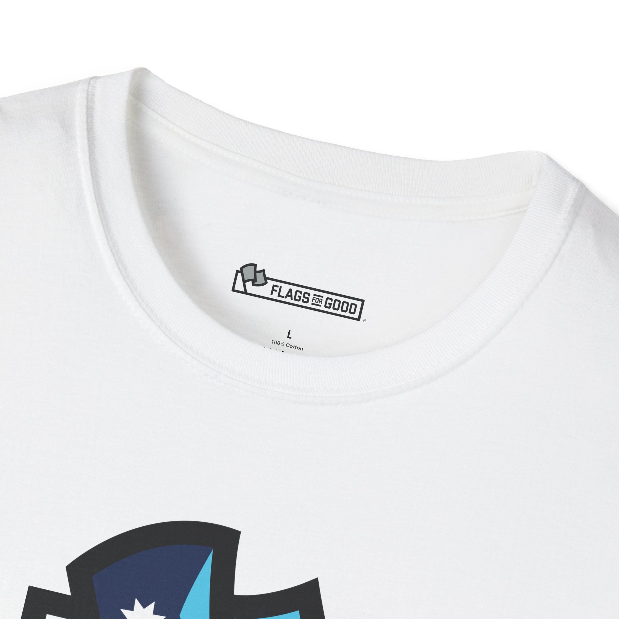 Flags For Good logo on the inside of a shirt
