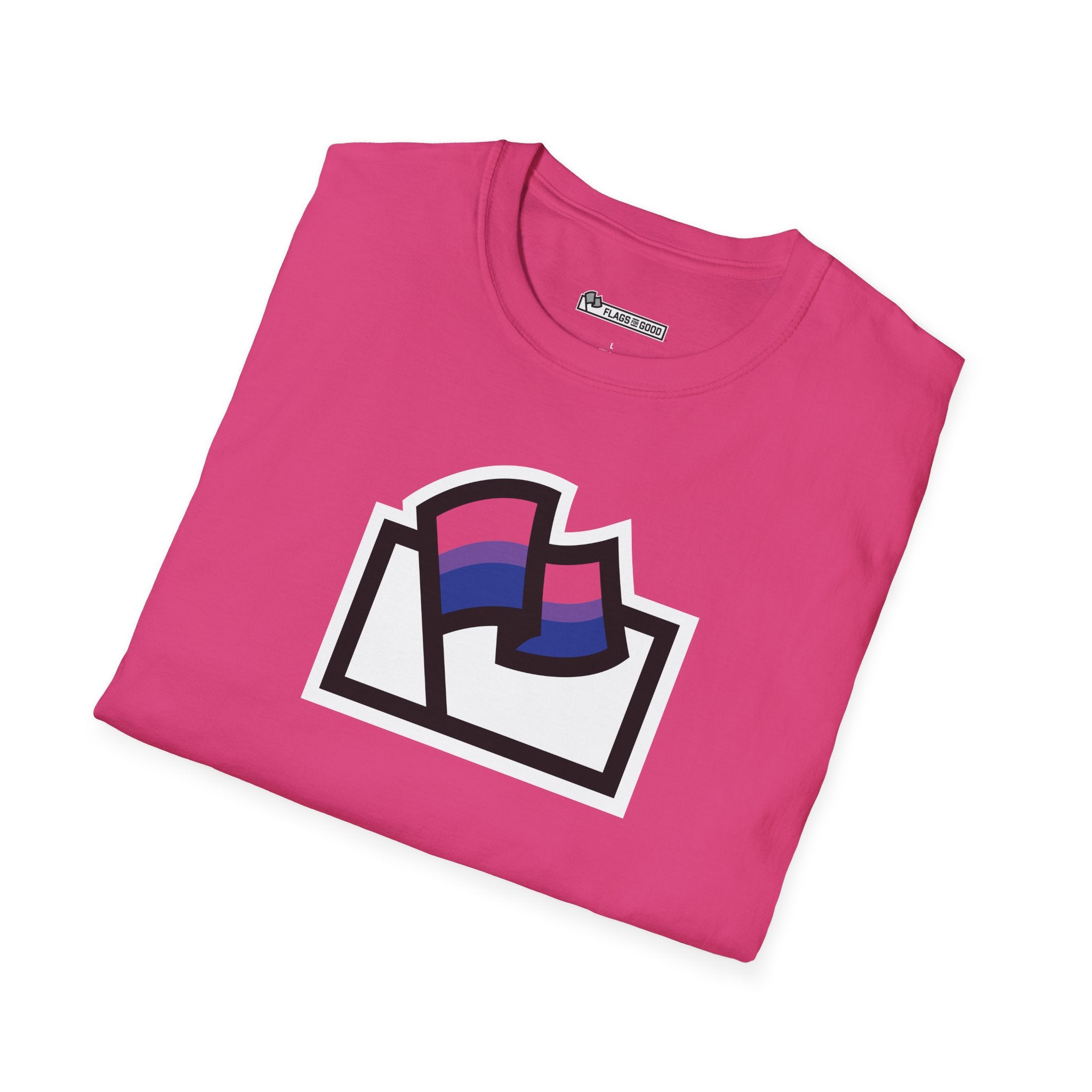 Flags For Good logo with the Bisexual Pride flag inside on a pink shirt