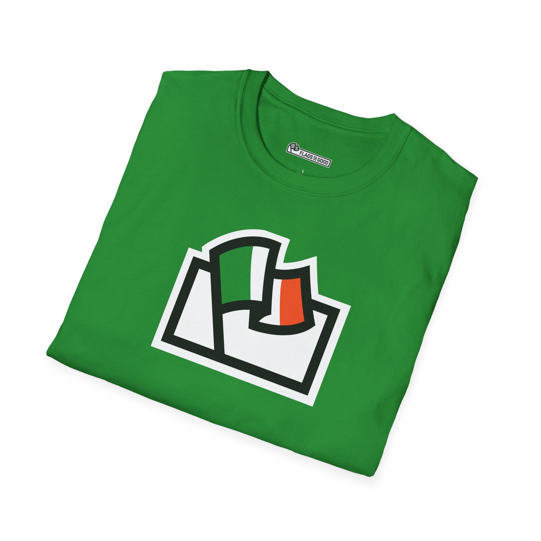 Flags For Good logo with an Ireland flag inside on a green shirt