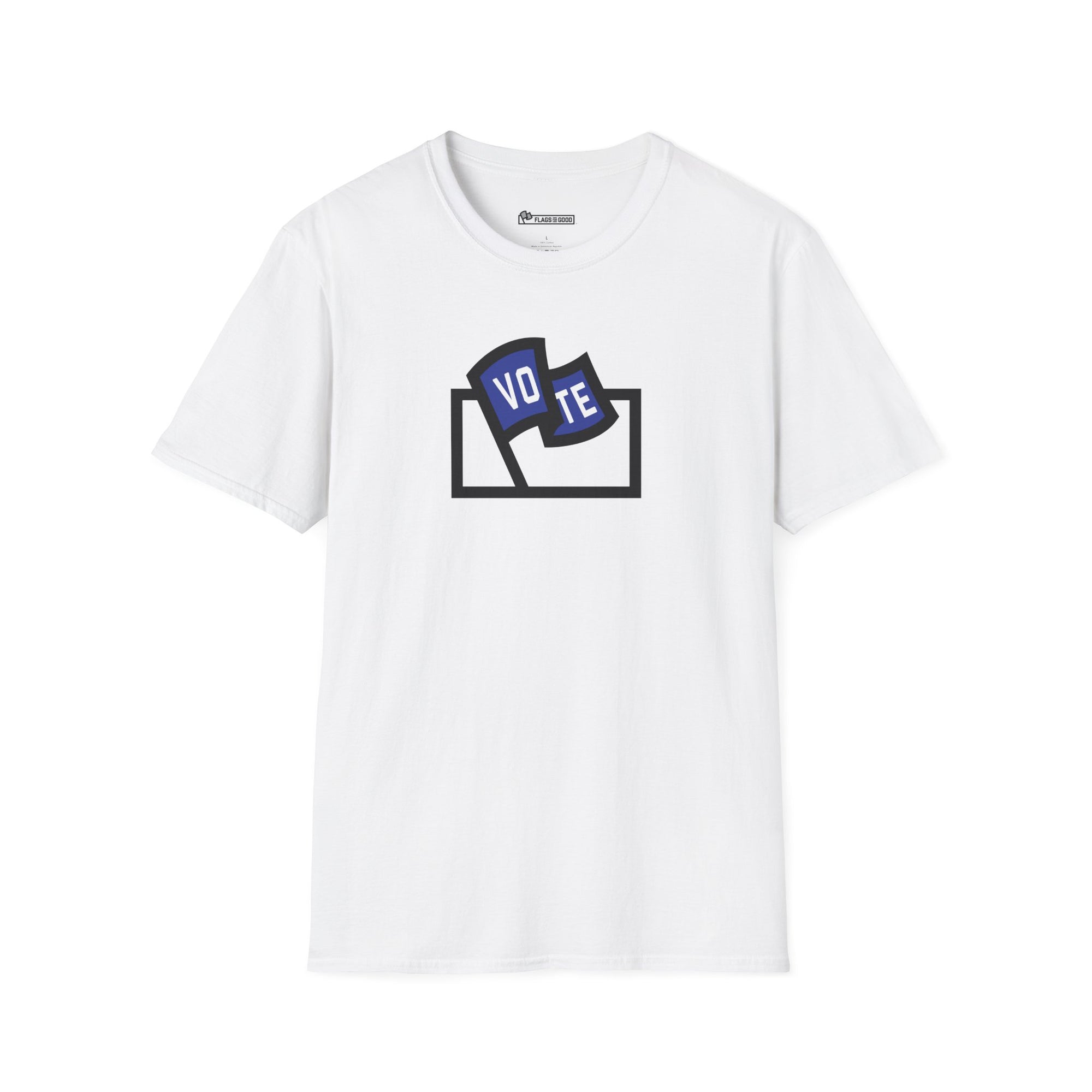 Flags For Good logo with "VOTE" inside on a white shirt