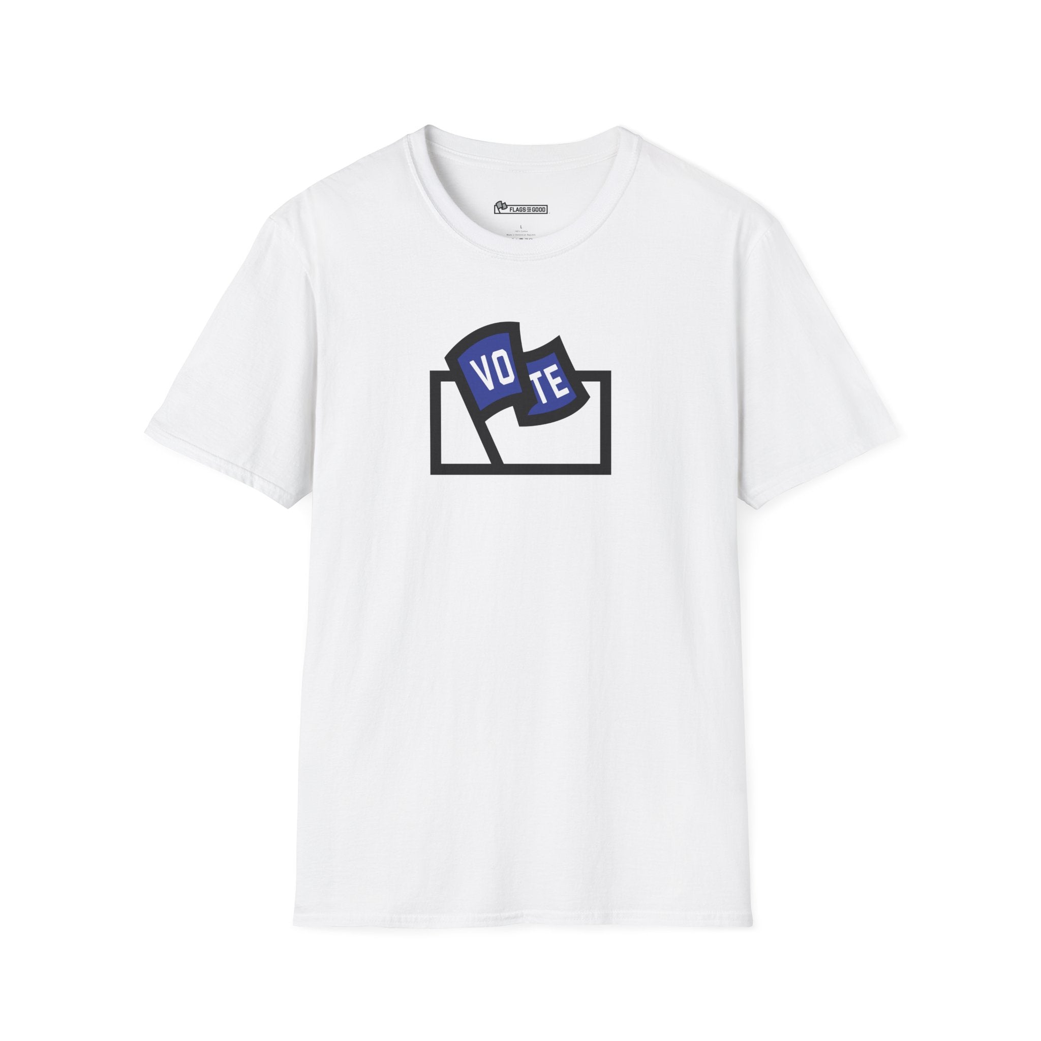 Flags For Good logo with "VOTE" inside on a white shirt