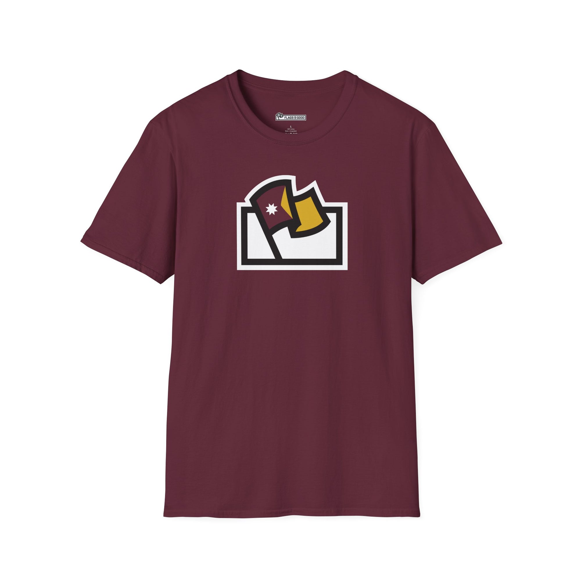 Flags For Good logo with a maroon and gold Minnesota flag inside on a maroon shirt
