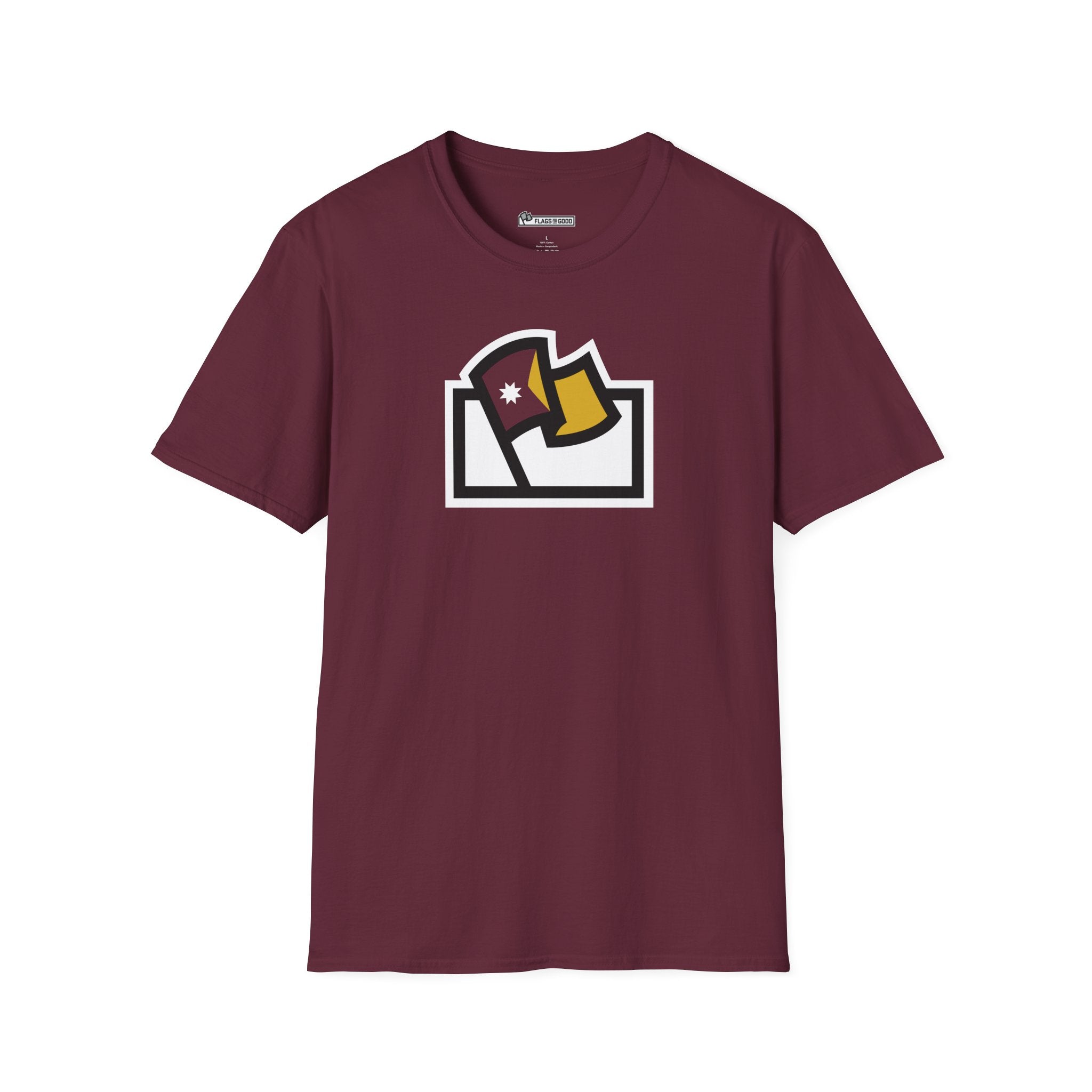 Flags For Good logo with a maroon and gold Minnesota flag inside on a maroon shirt