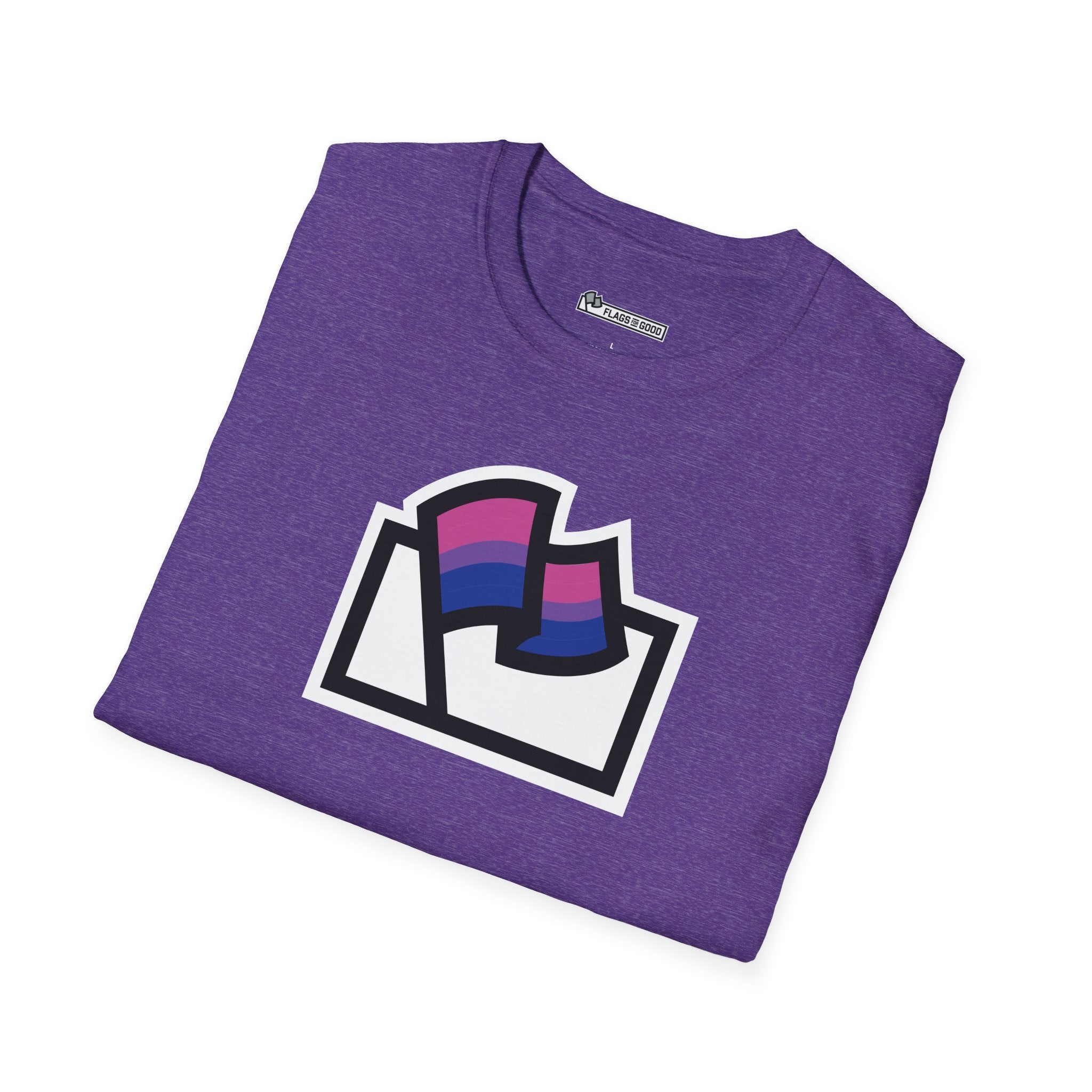 Flags For Good logo with the Bisexual Pride flag inside on a purple shirt