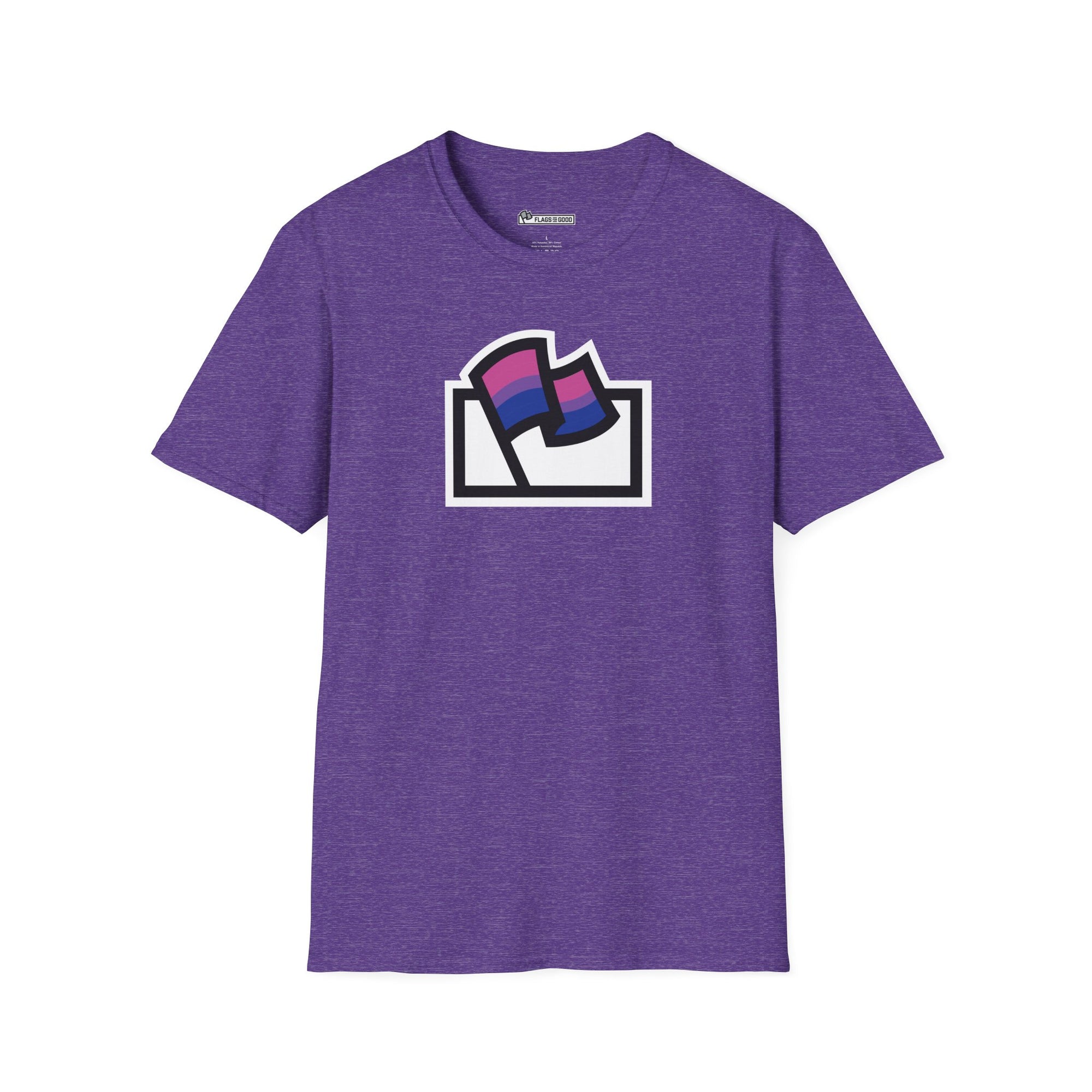 Flags For Good logo with the Bisexual Pride flag inside on a purple shirt
