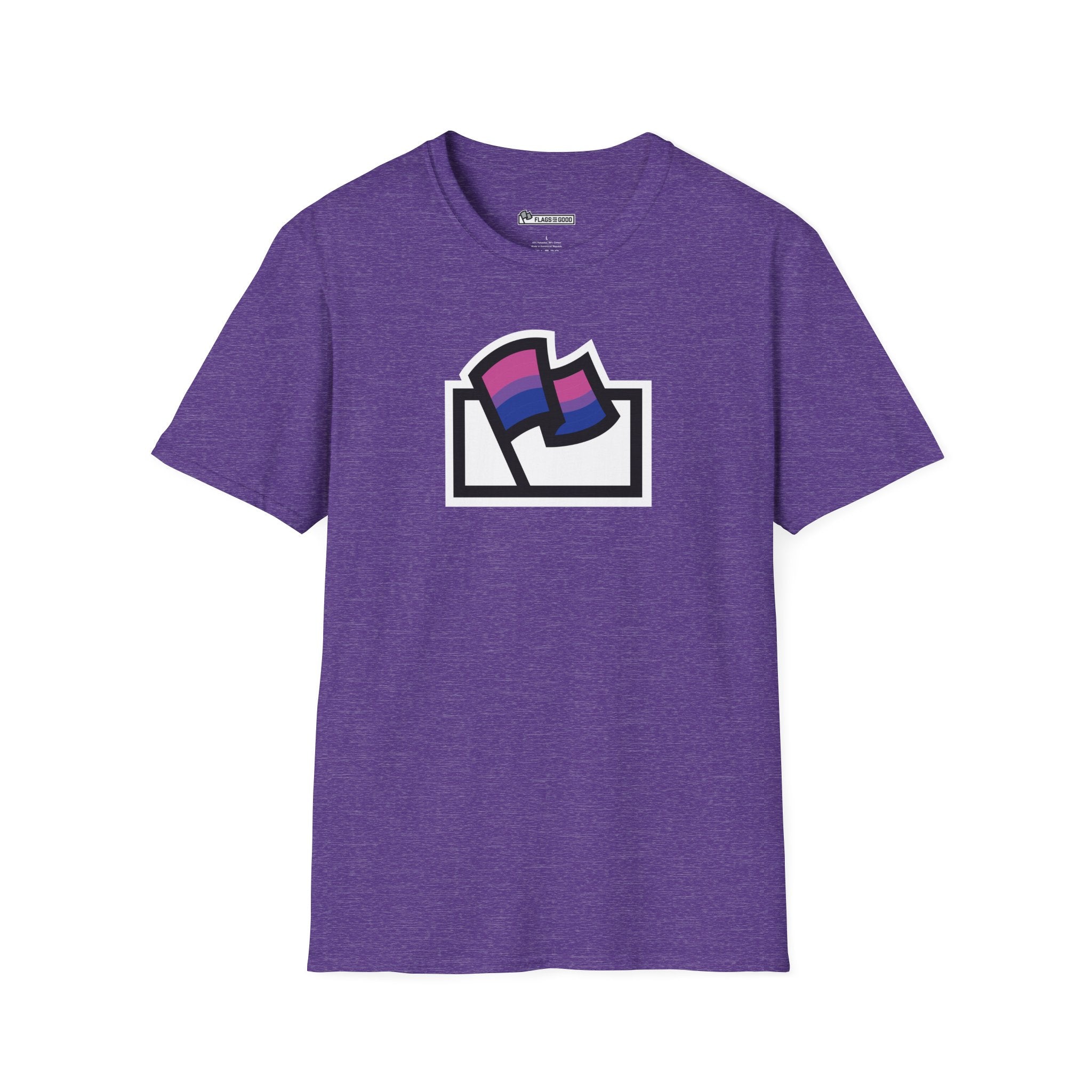 Flags For Good logo with the Bisexual Pride flag inside on a purple shirt