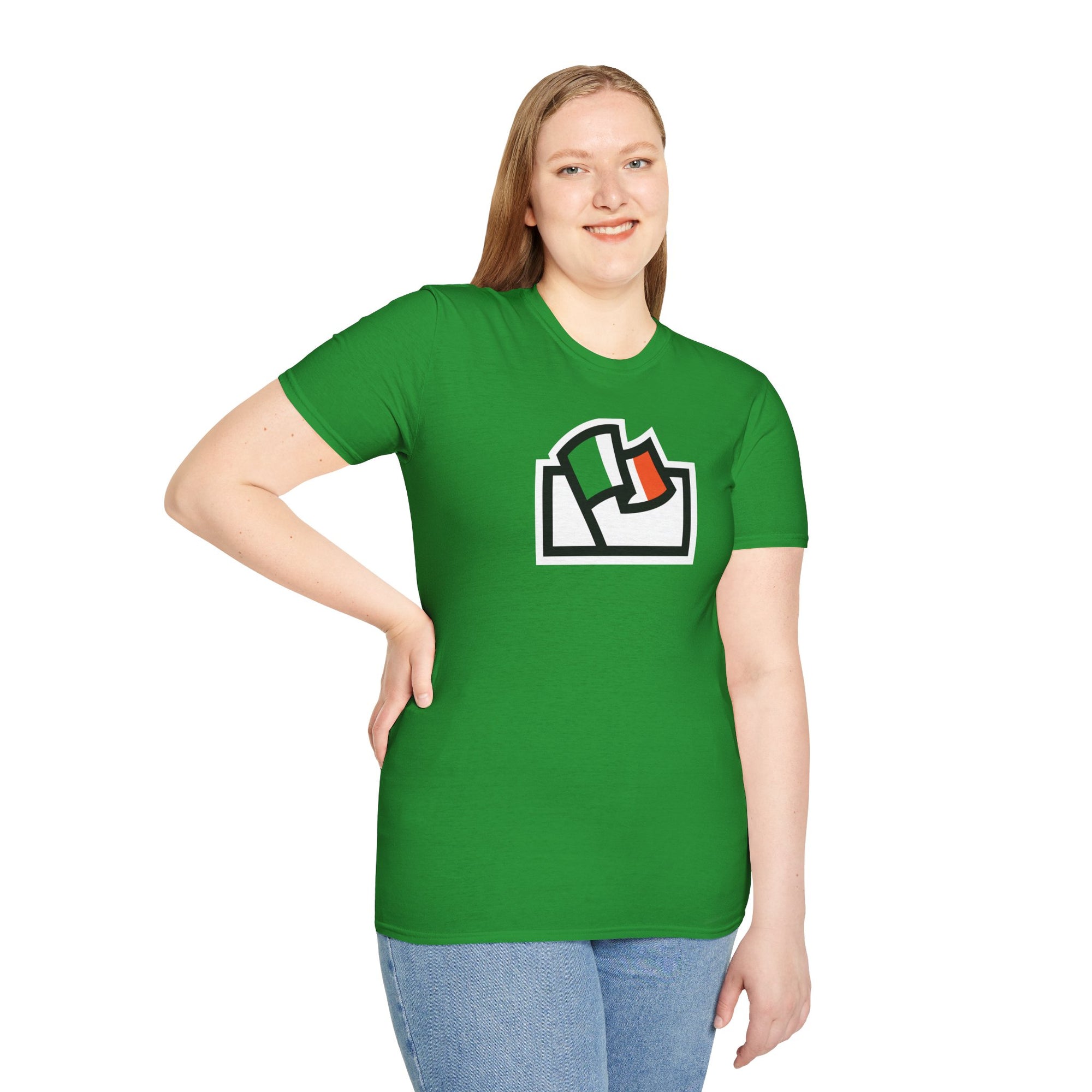 Flags For Good logo with an Ireland flag inside on a green shirt worn by a woman