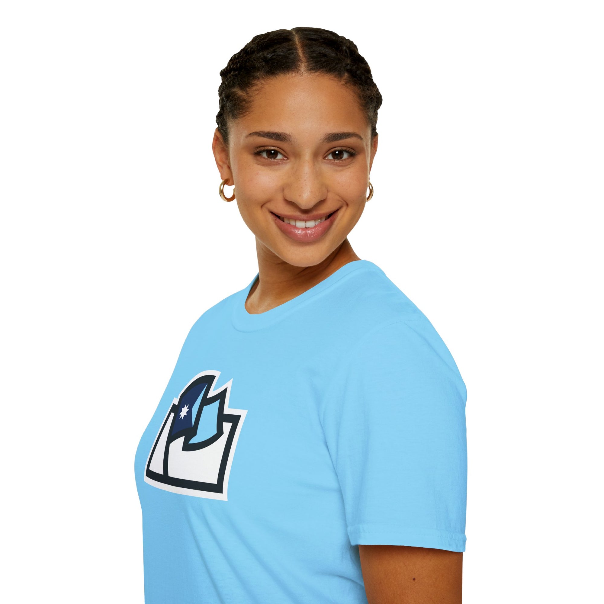 Flags For Good logo with a Minnesota flag inside on a light blue shirt being worn by a woman