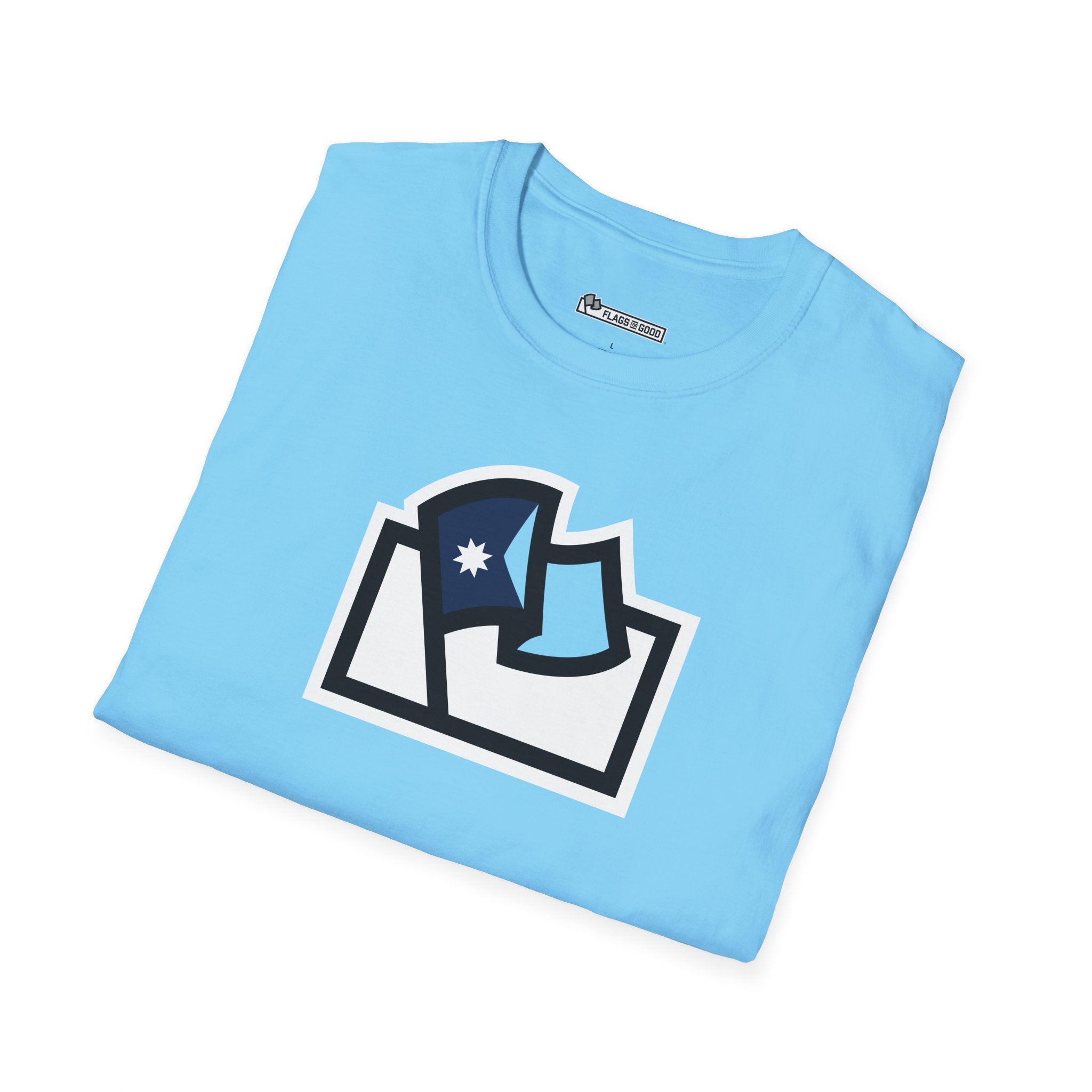 Flags For Good logo with a Minnesota flag inside on a light blue shirt