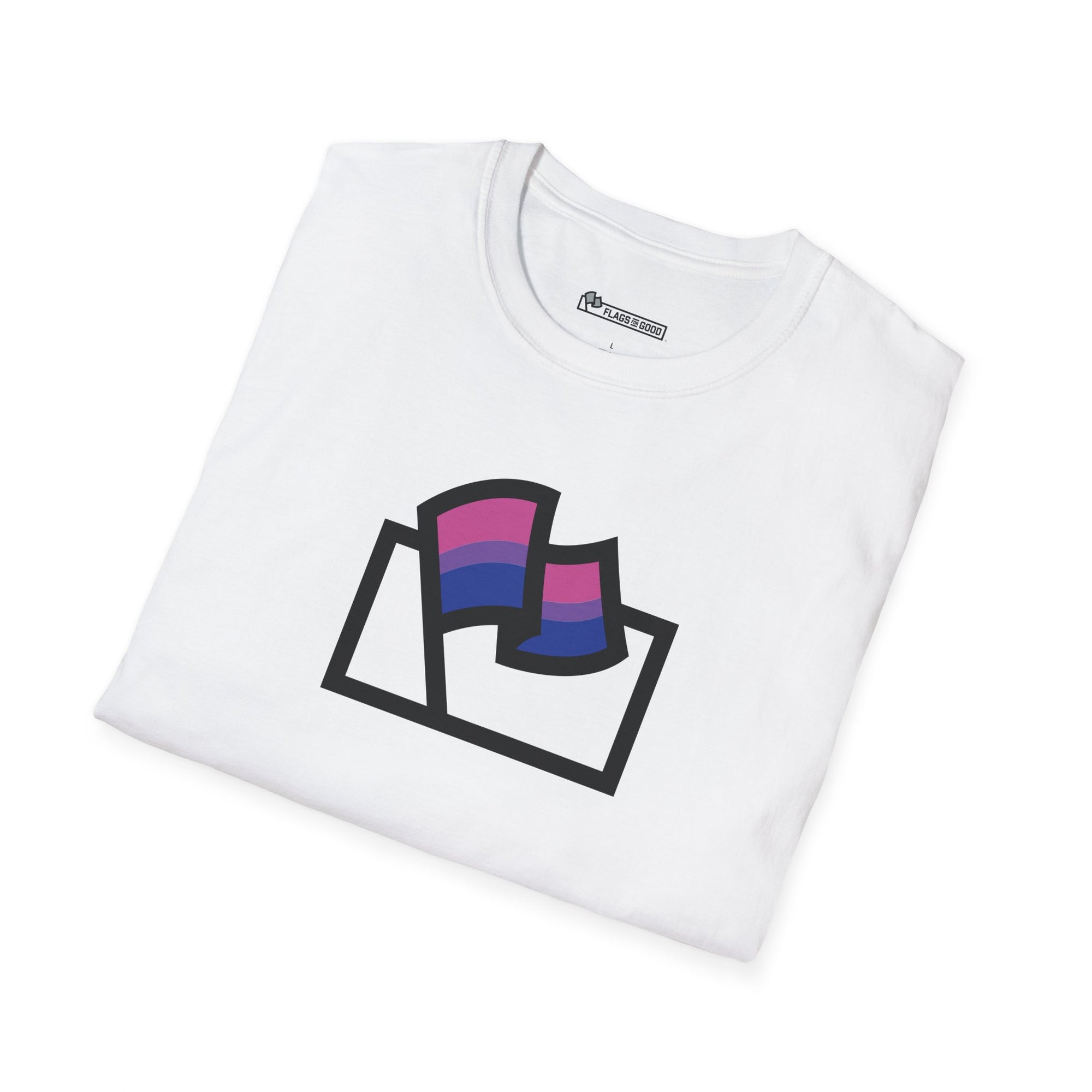 Flags For Good logo with the Bisexual Pride flag inside on a white shirt