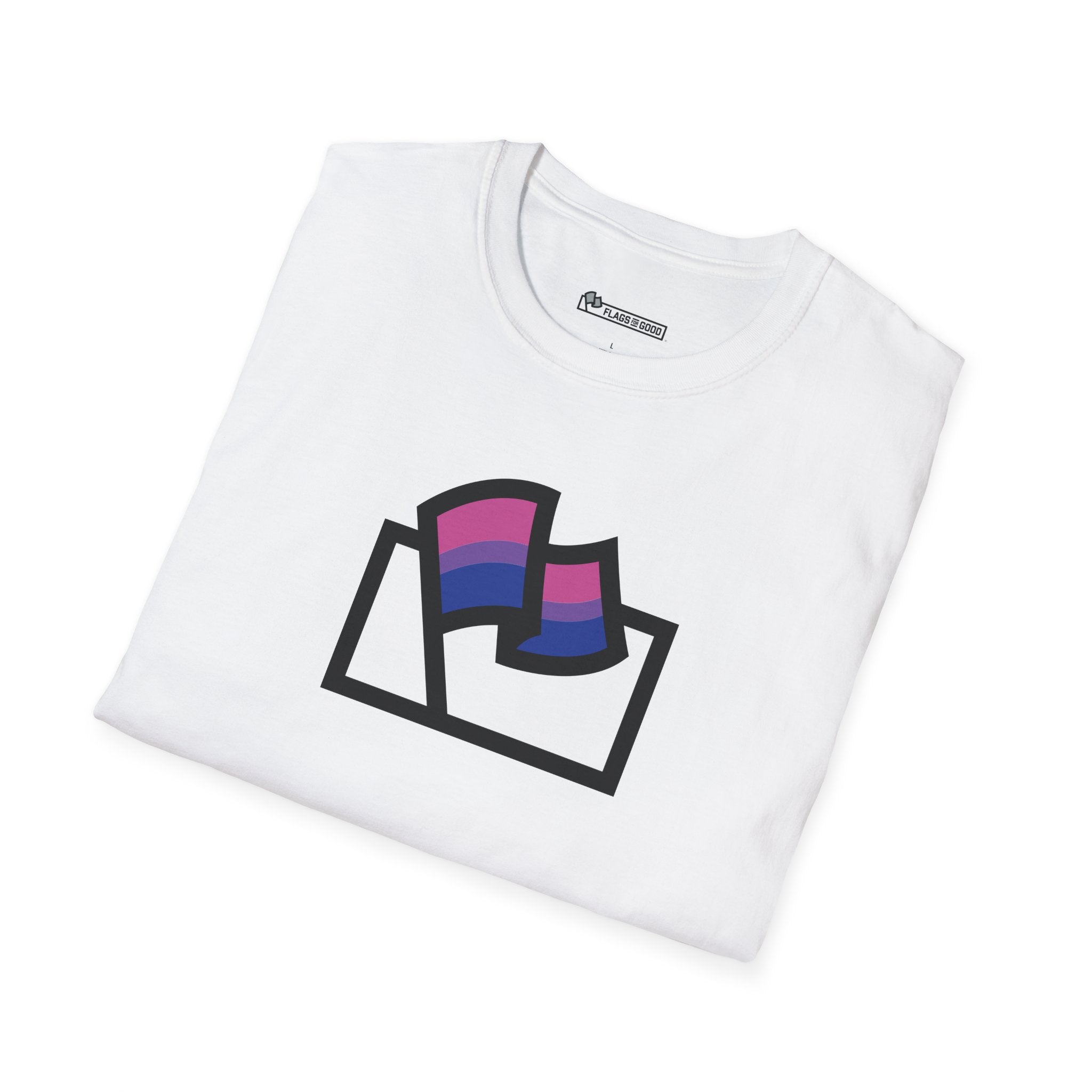 Flags For Good logo with the Bisexual Pride flag inside on a white shirt