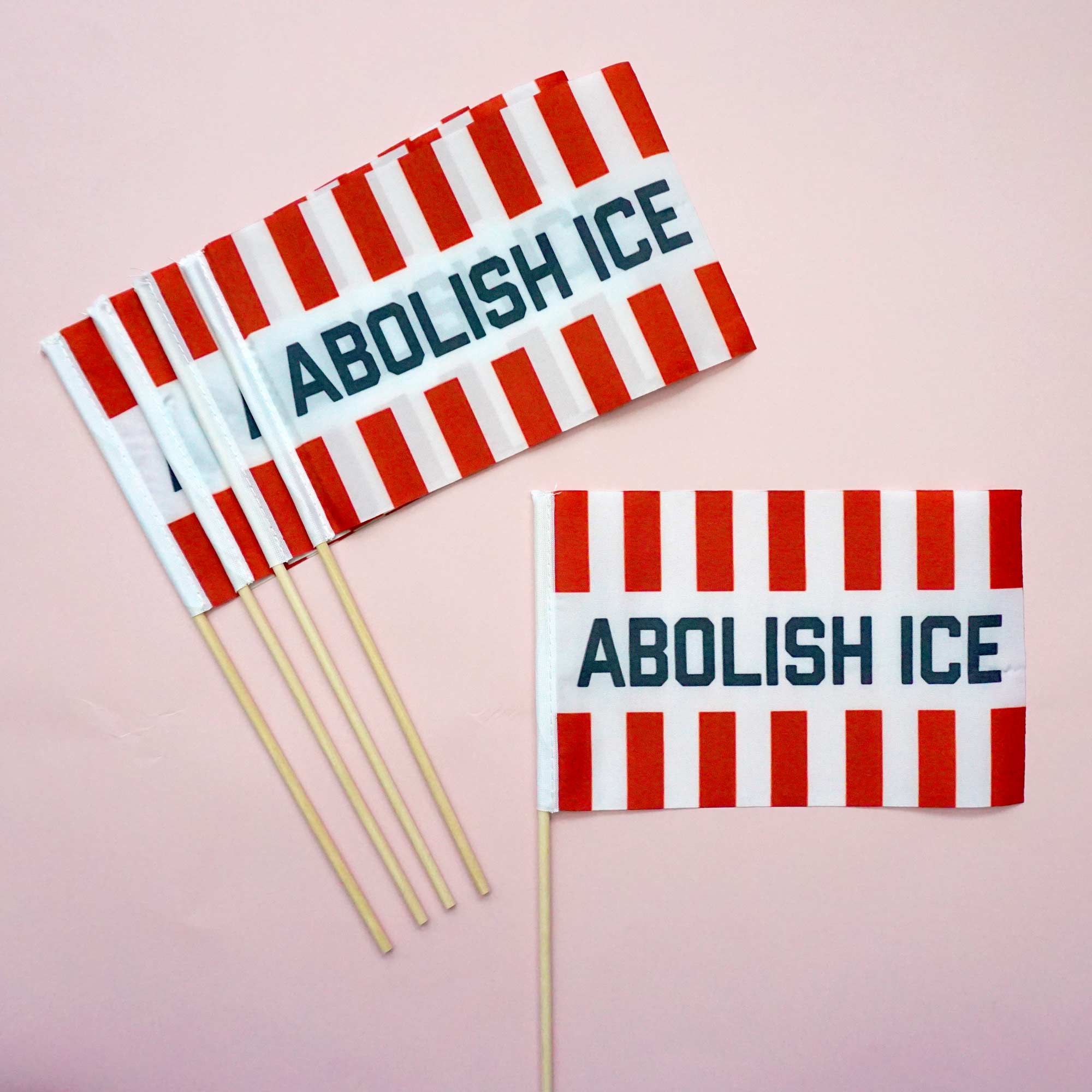 Flags with 'Abolish ICE' text on a pink background