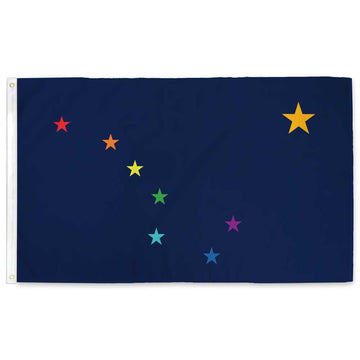 LGBTQ+ Alaska flag Designed by Alaskan, Benjamin Weitzman. Each star is the color of the rainbow