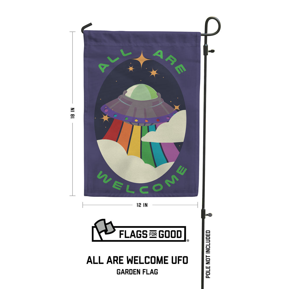 halloween 2023 all are welcome ufo alien garden flag designed by flags for good