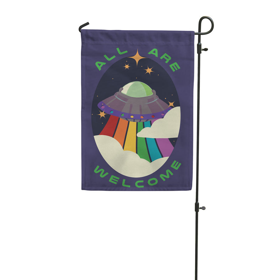 halloween 2023 all are welcome ufo alien garden flag