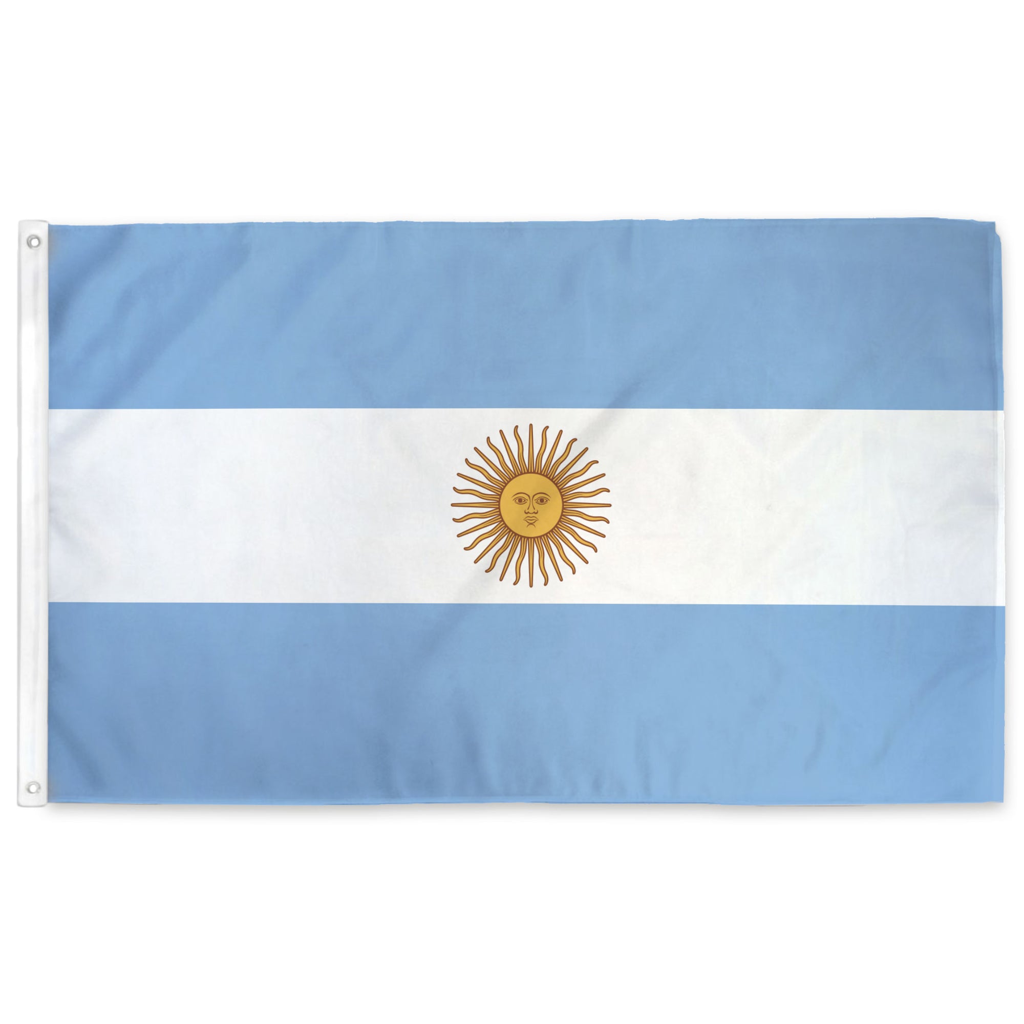 Flag of Argentina with a blue, white, and yellow design on a white background
