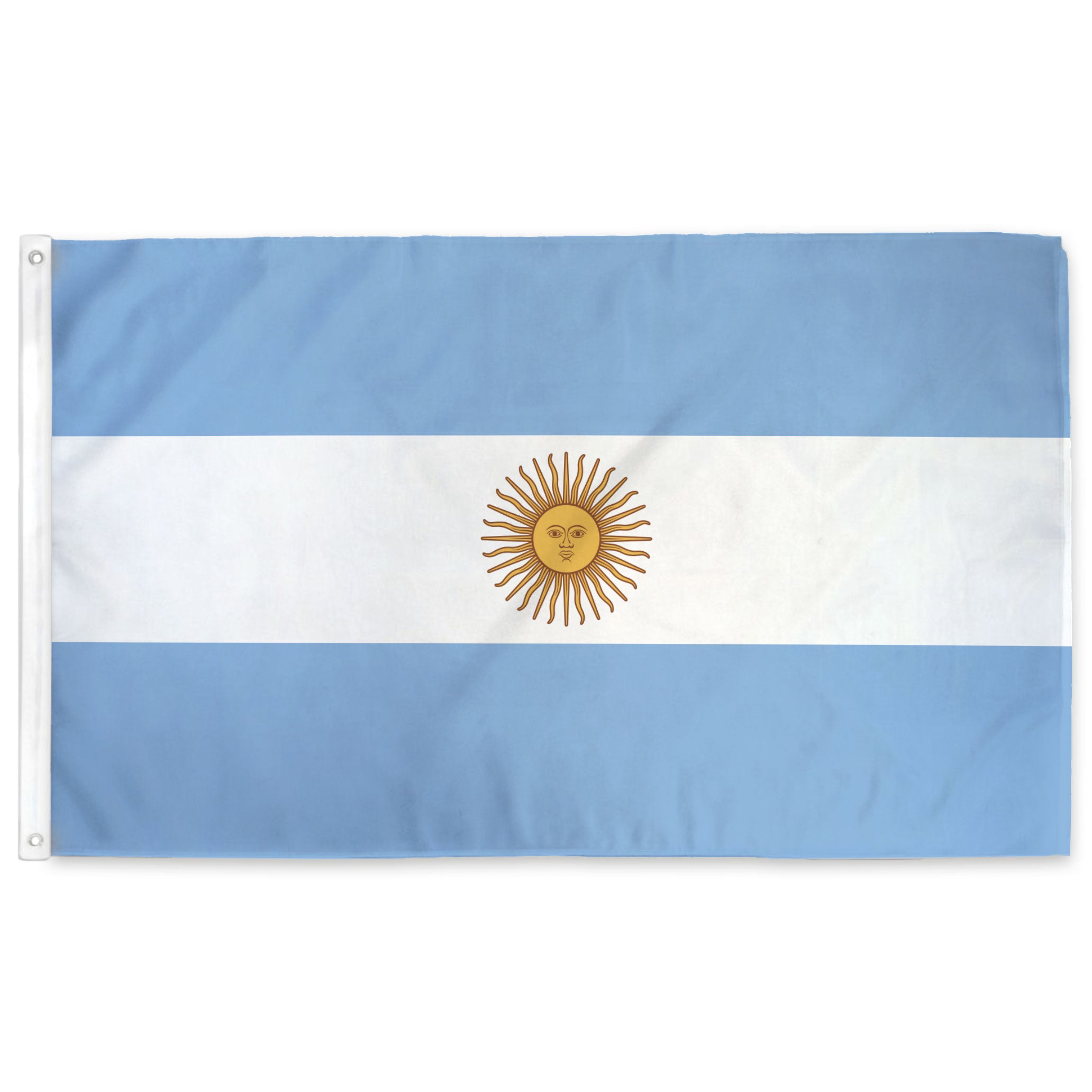 Flag of Argentina with a blue, white, and yellow design on a white background