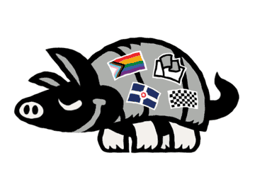 An animated cartoon armadillo with various stickers on his shell including a checkered flag, a Flags For Good logo, a pride flag and an Indianapolis flag. 