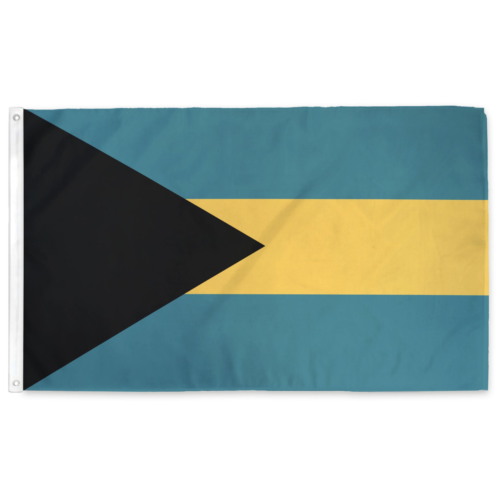 Bahamas Flag with a black triangle on the hoist and yellow stripe on a blue background