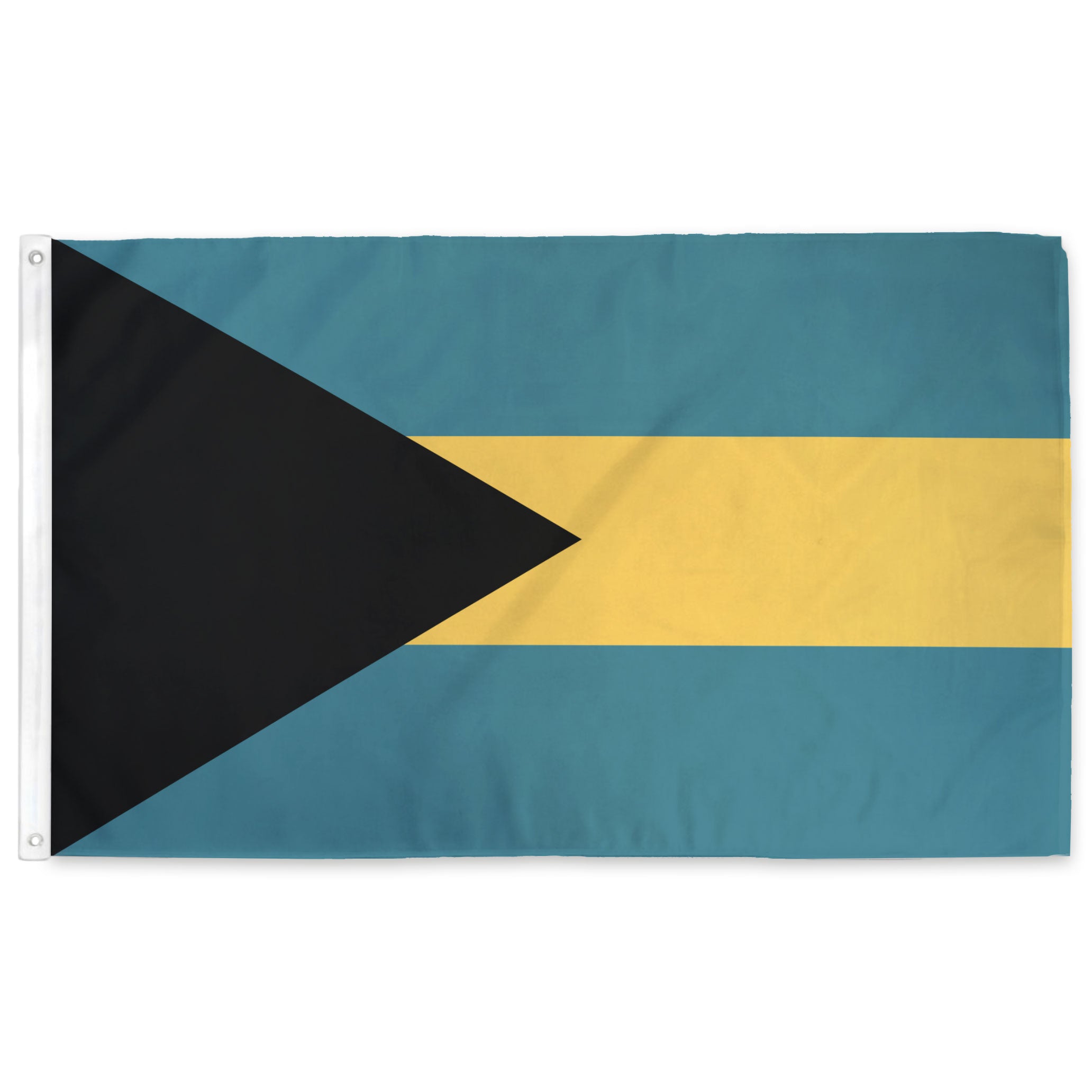 Bahamas Flag with a black triangle on the hoist and yellow stripe on a blue background