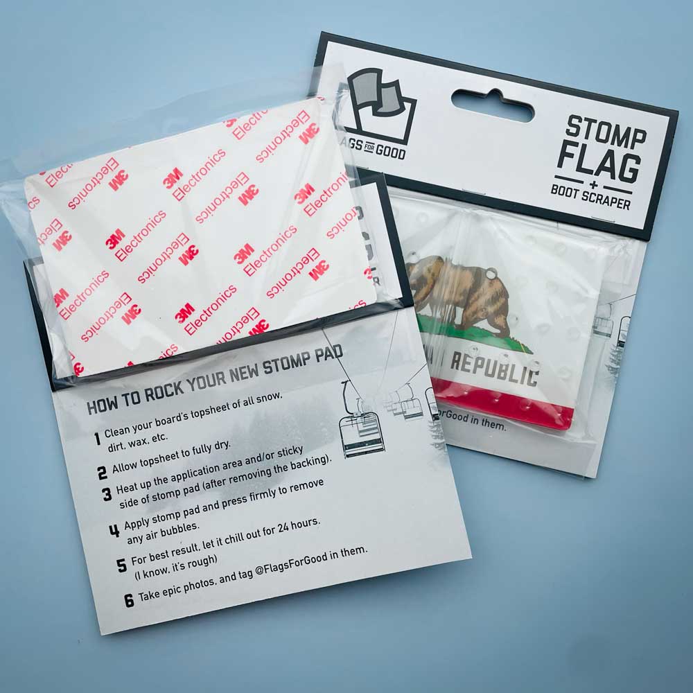California flag snowboard stomp pad by Flags For Good showing the instructions on packaging.