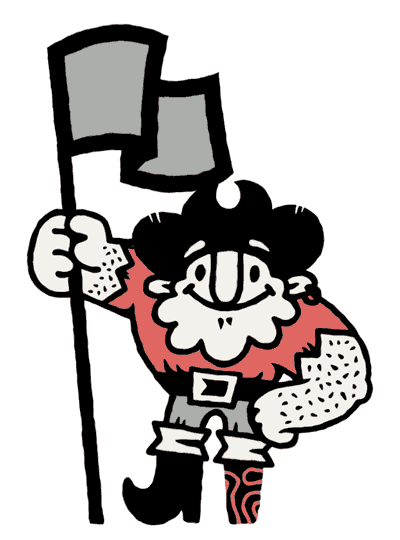 An animated cartoon pirate holding a flag. 