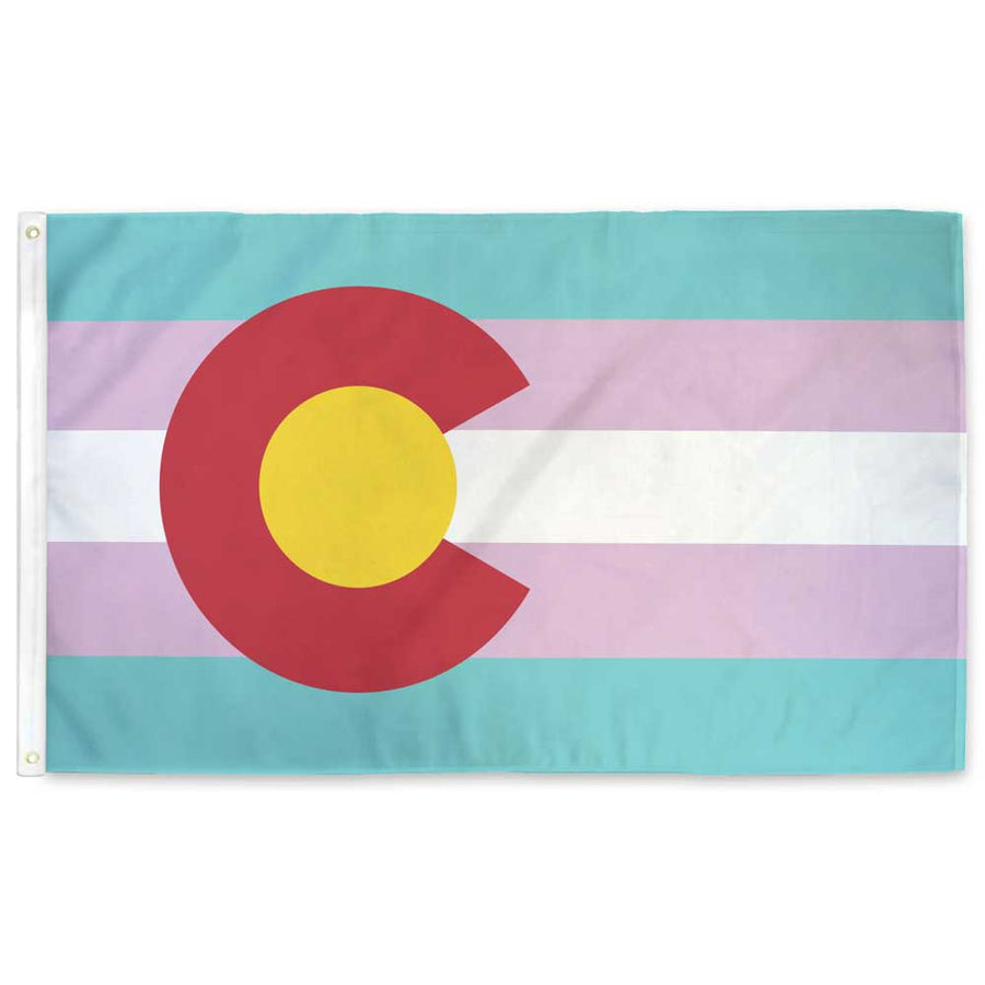 3 x 5 feet single-sided Colorado flag with trans flag colors in the background