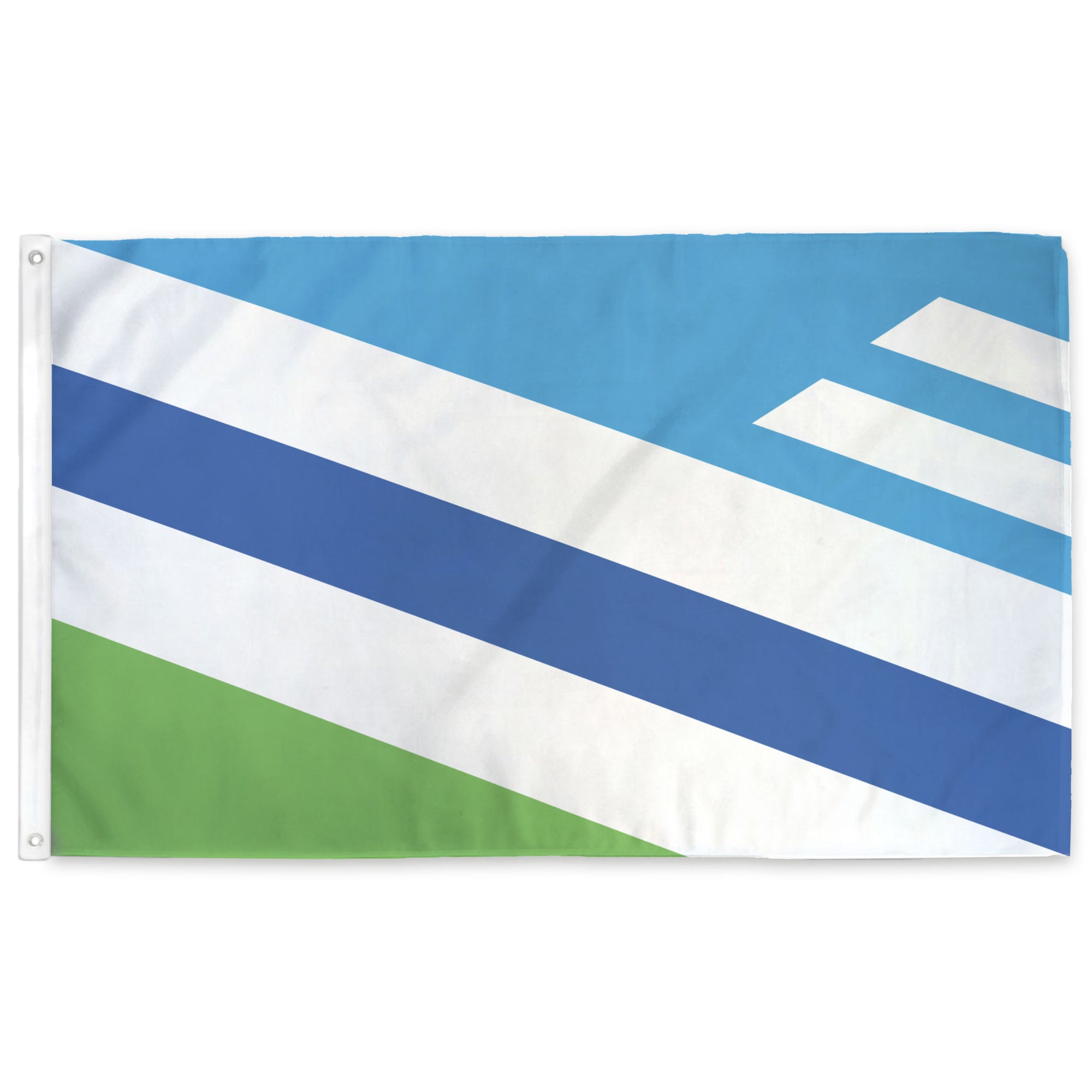 Dayton Ohio flag with blue, white, and green stripes on a white background