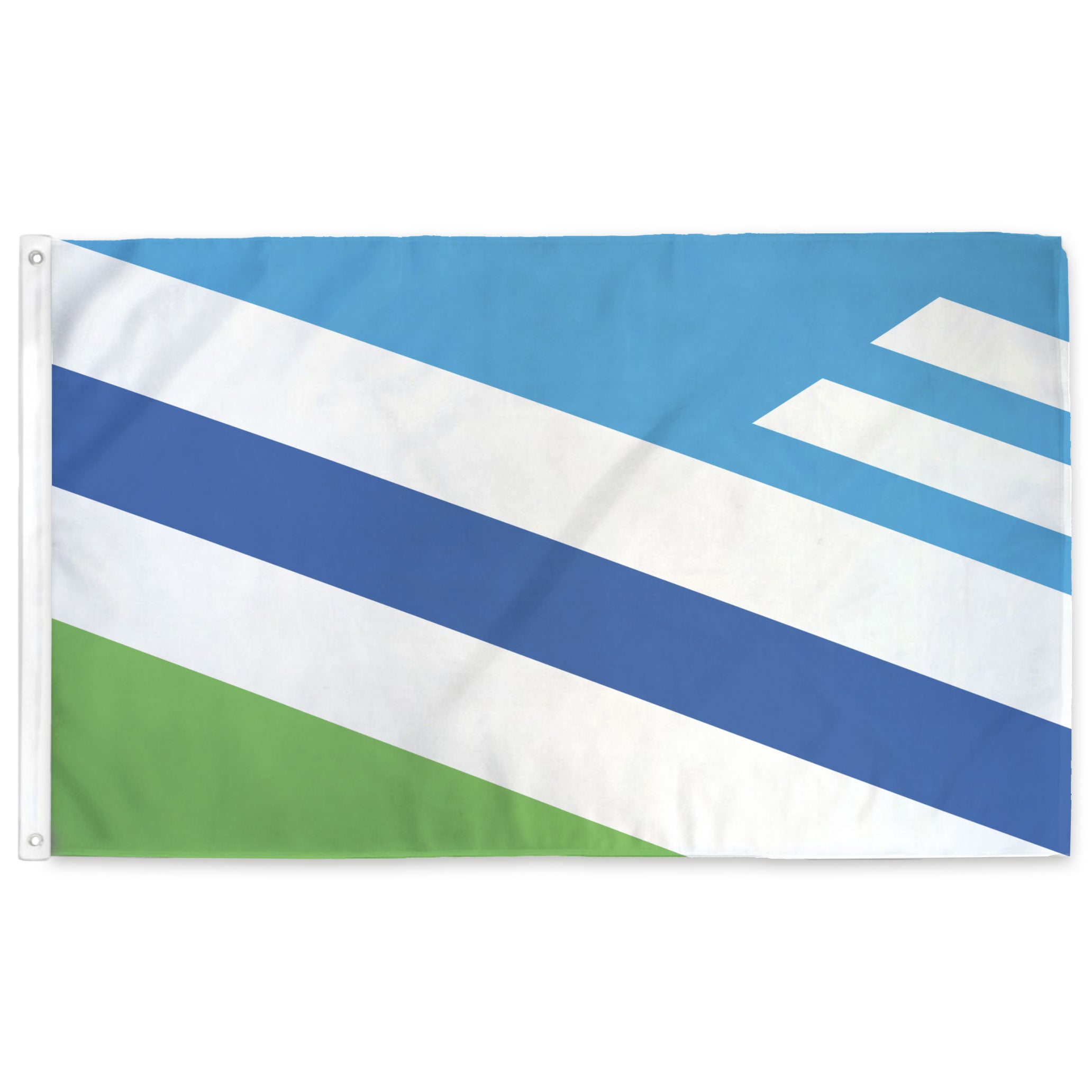 Dayton Ohio flag with blue, white, and green stripes on a white background