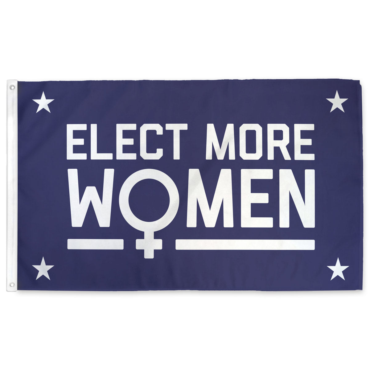 a blue flag with the words elect more women in the center with four stars and the international symbol for women