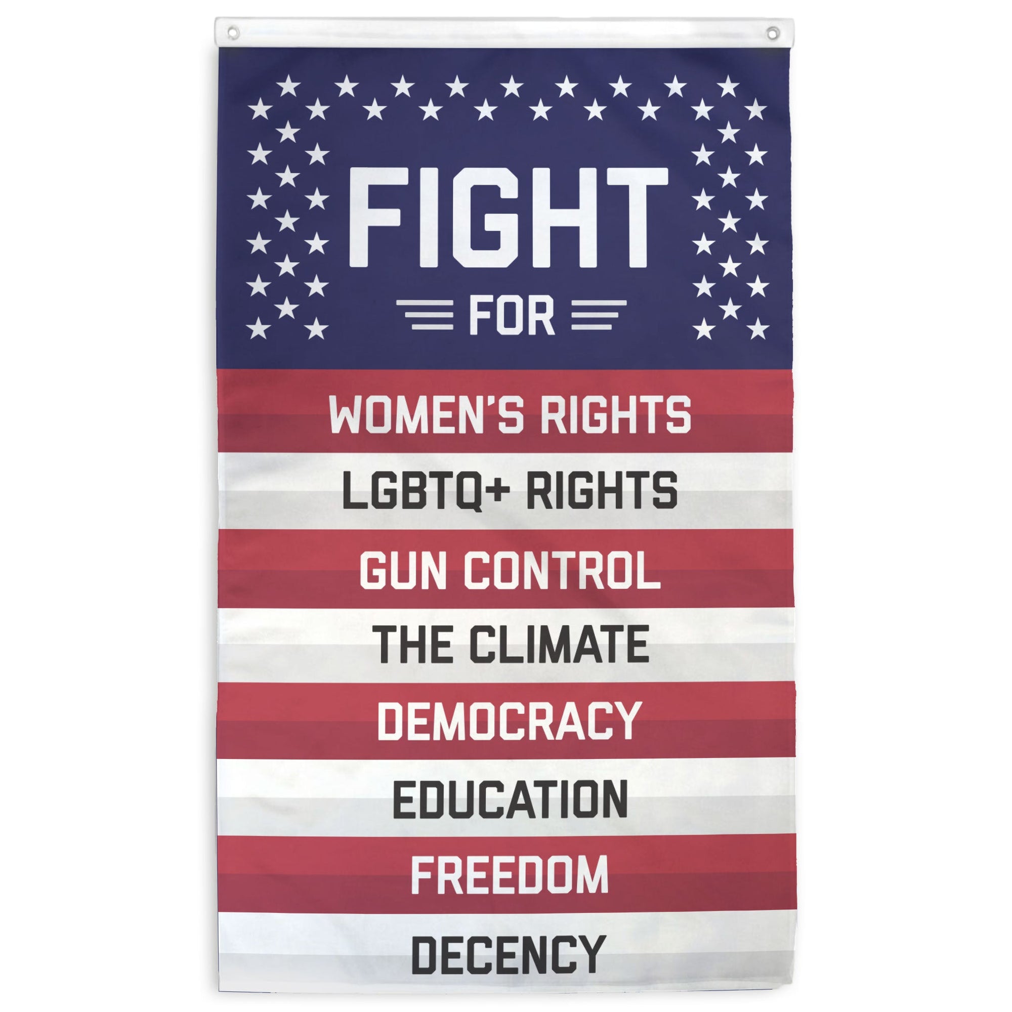 Flag with text advocating for various rights and causes made by flags for good
