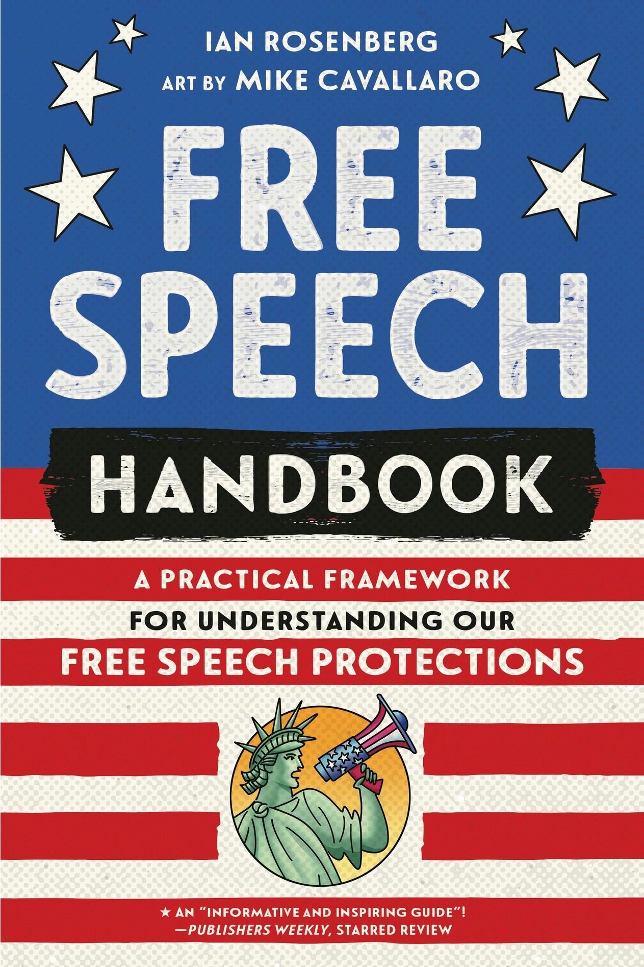 Book cover of 'Free Speech Handbook' with American flag design and text about free speech protections.