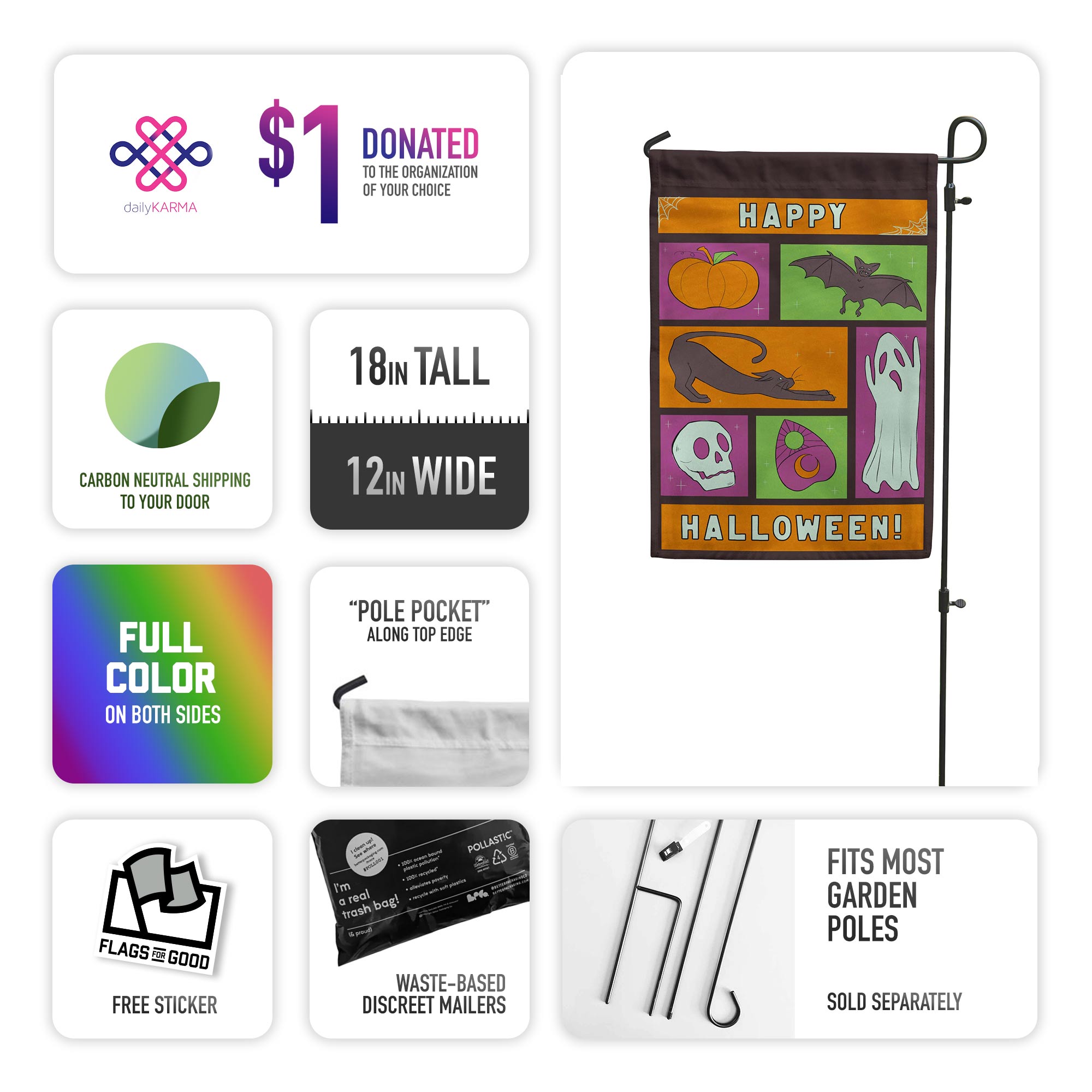 Info Graphic about the purchase: 1% donated, carbon neutral shipping, 18" x 12", full color, pole pocket, free sticker, waste-based discreet mailers,  fits most garden poles that are sold separately 
