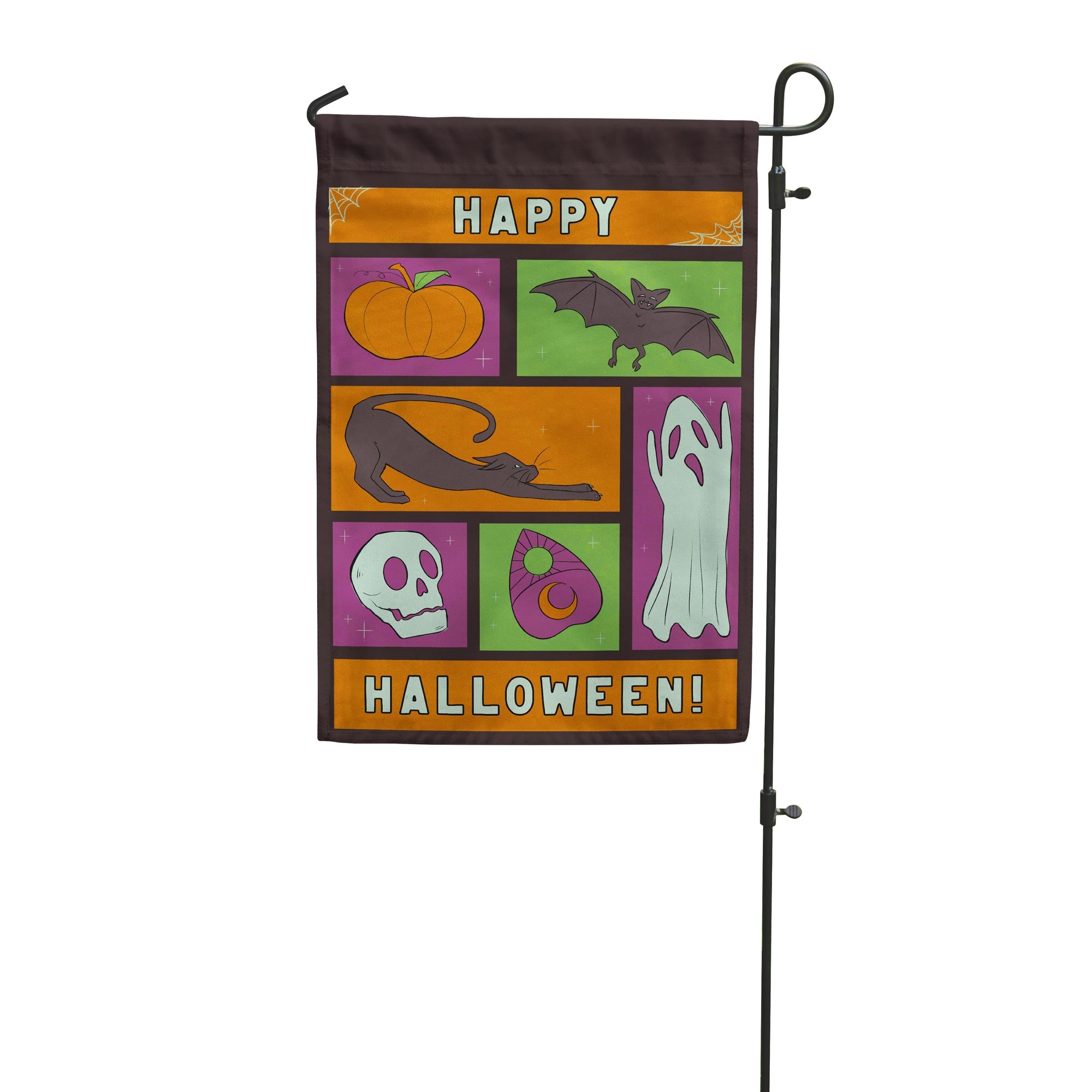 Garden flag that says "Happy Halloween" with a frame around the text, a pumpkins, bat, black cat, skull, Ouija Board Planchette and ghost. Made by Flags for Good