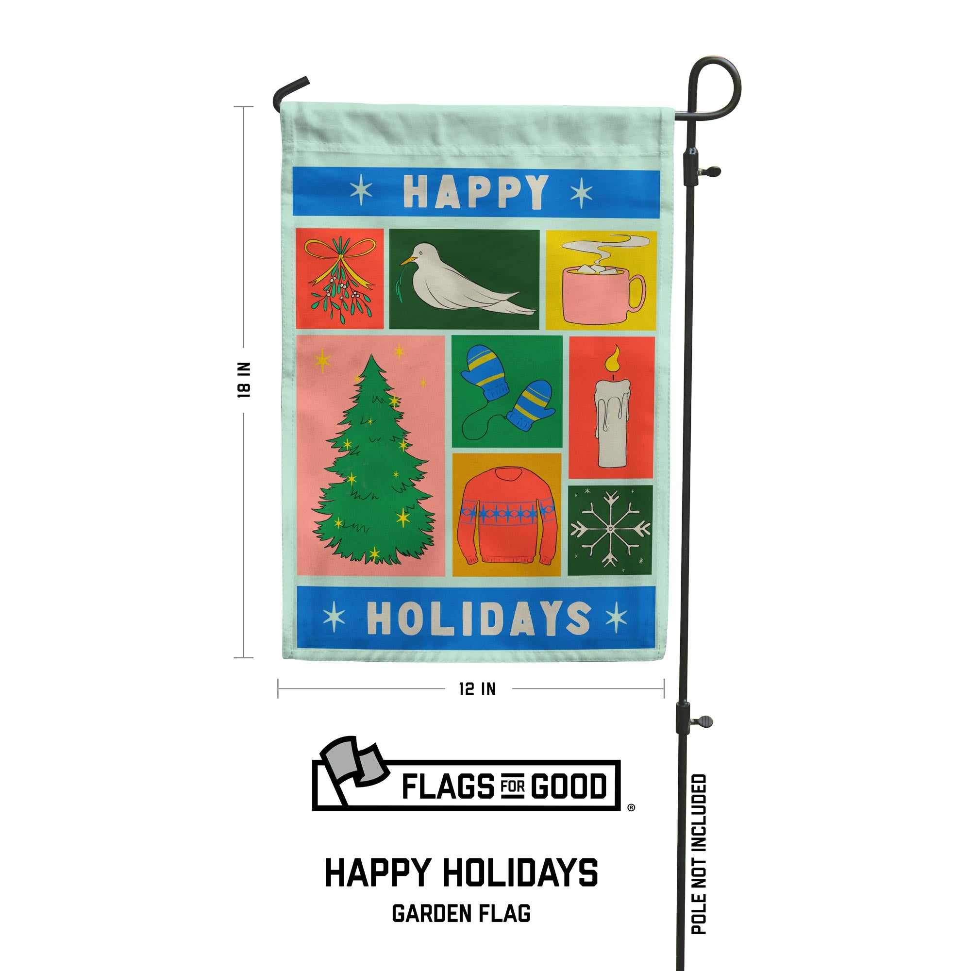 Happy Holidays Garden flag dimension infographic - 18 inches tall and 12 inches wide