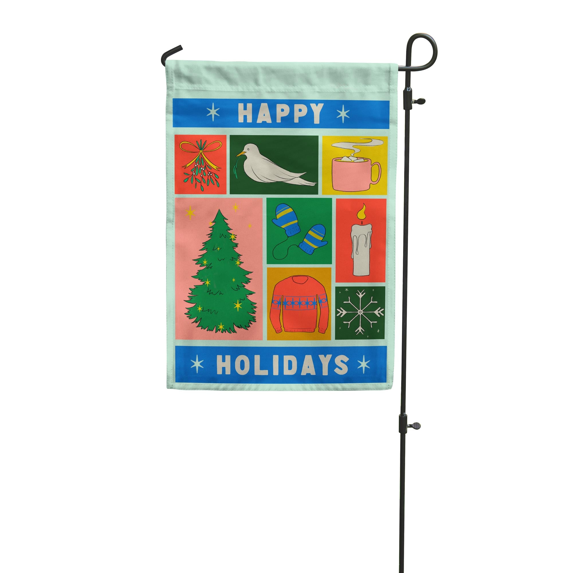 Decorative garden flag with holiday-themed design on a light tiffany blue background. Designed by Flags for Good