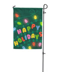 Happy Holidays garden flag written with holiday lights on a green background