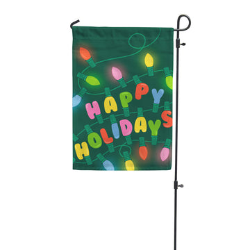 Happy Holidays garden flag written with holiday lights on a green background