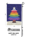 Rainbow Pride Holiday Tree garden flag measuring 12 by 18 inches