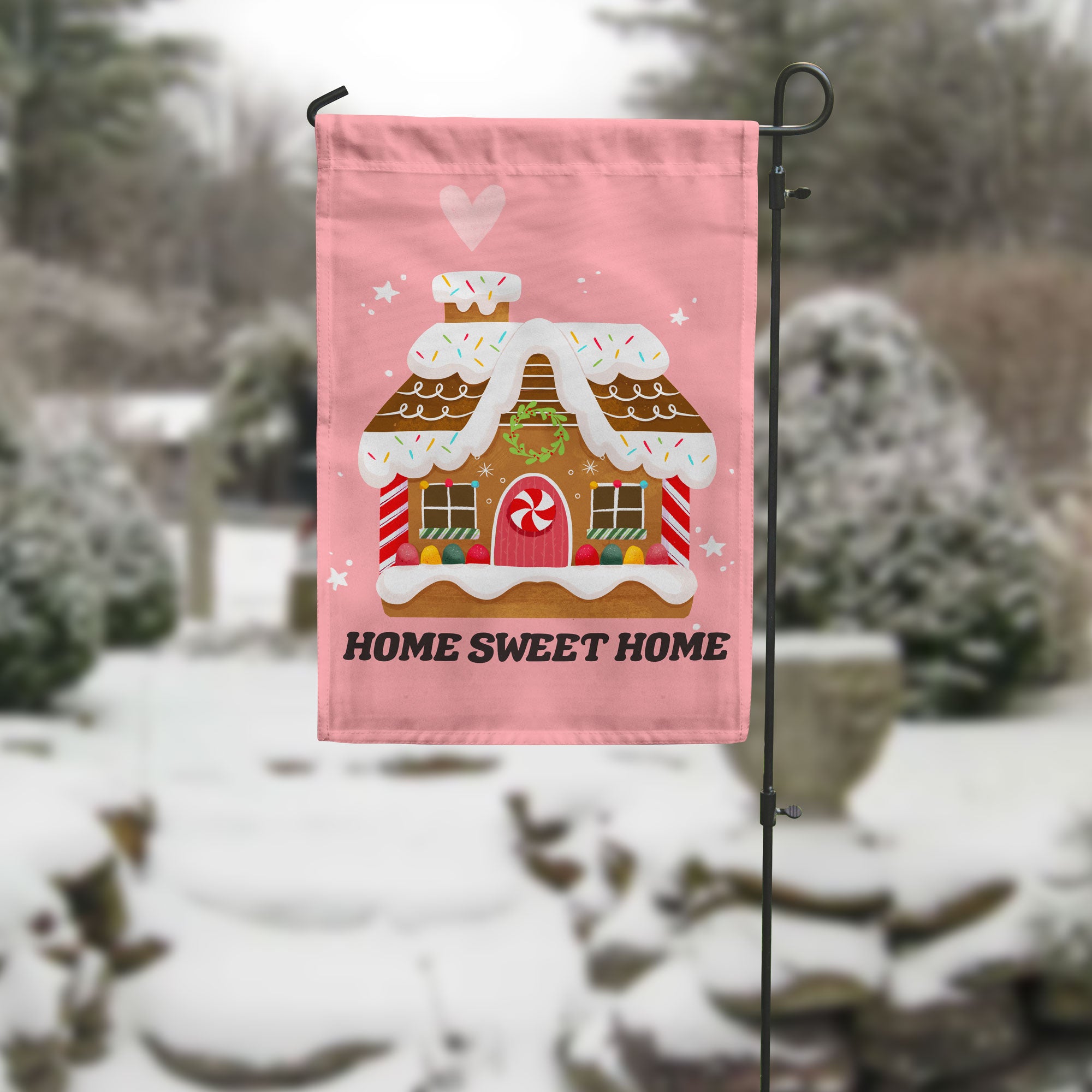 Home sweet home garden flag in outdoor setting