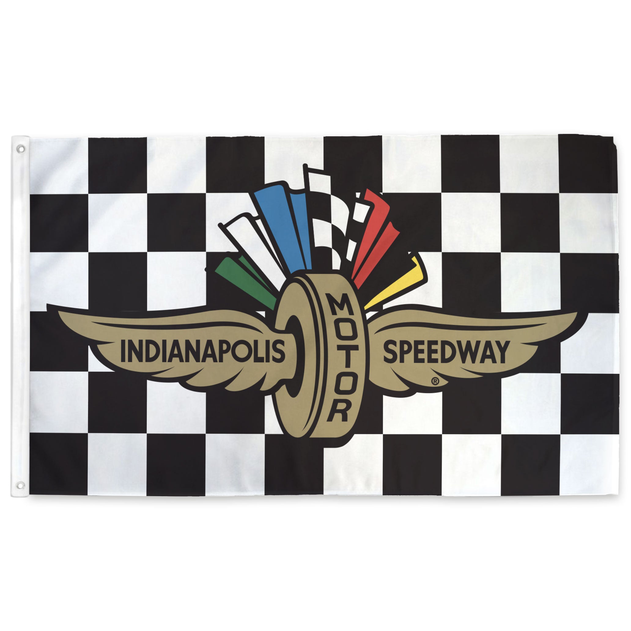 Indianapolis Motor Speedway logo on a checkered flag