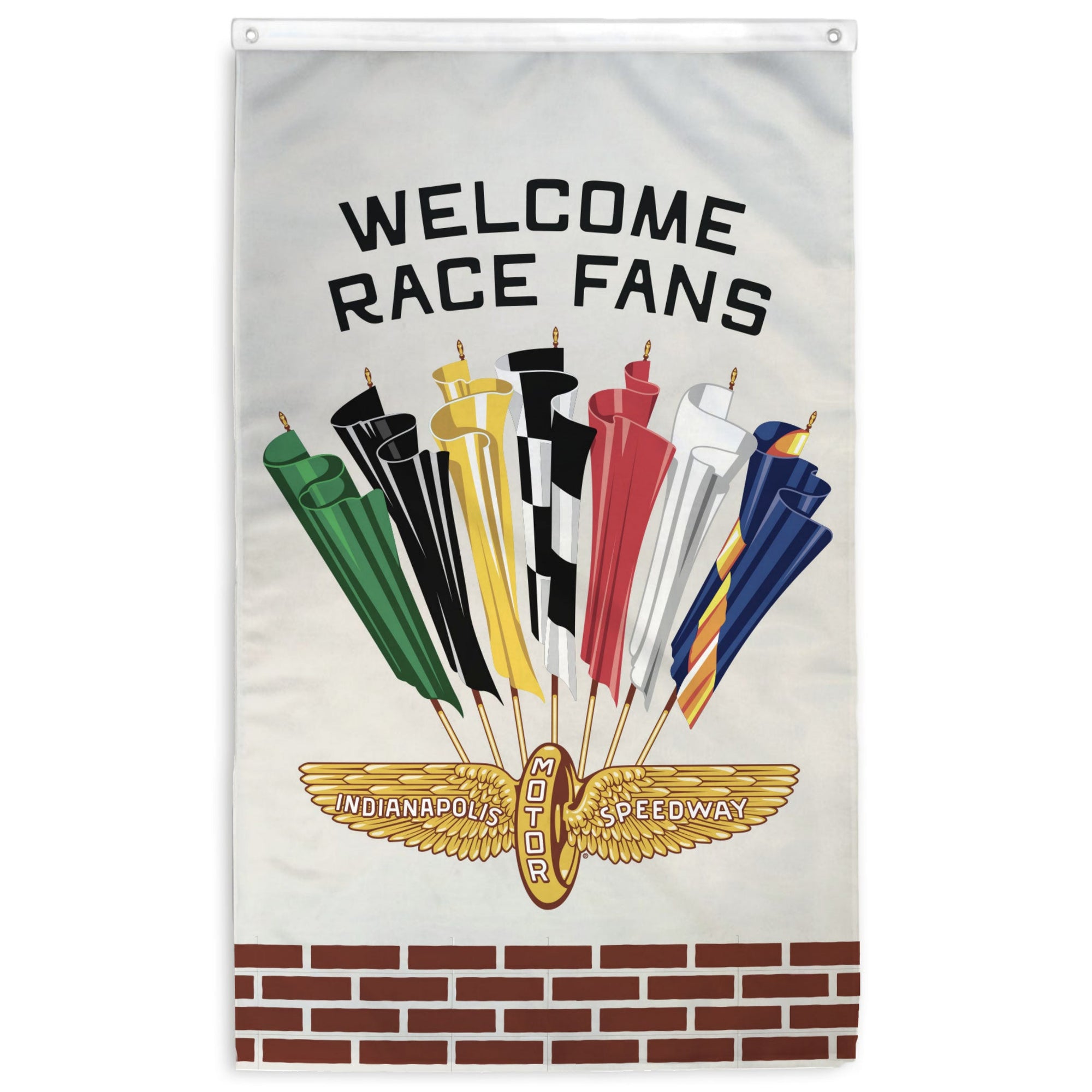 Flag with "Welcome Race Fans" text and colorful flags from the vintage 1955 Indianapolis Motor Speedway logo on a white background with bricks along the bottom.