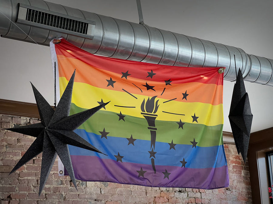 Indiana LGBTQ Pride Flag hanging in a store