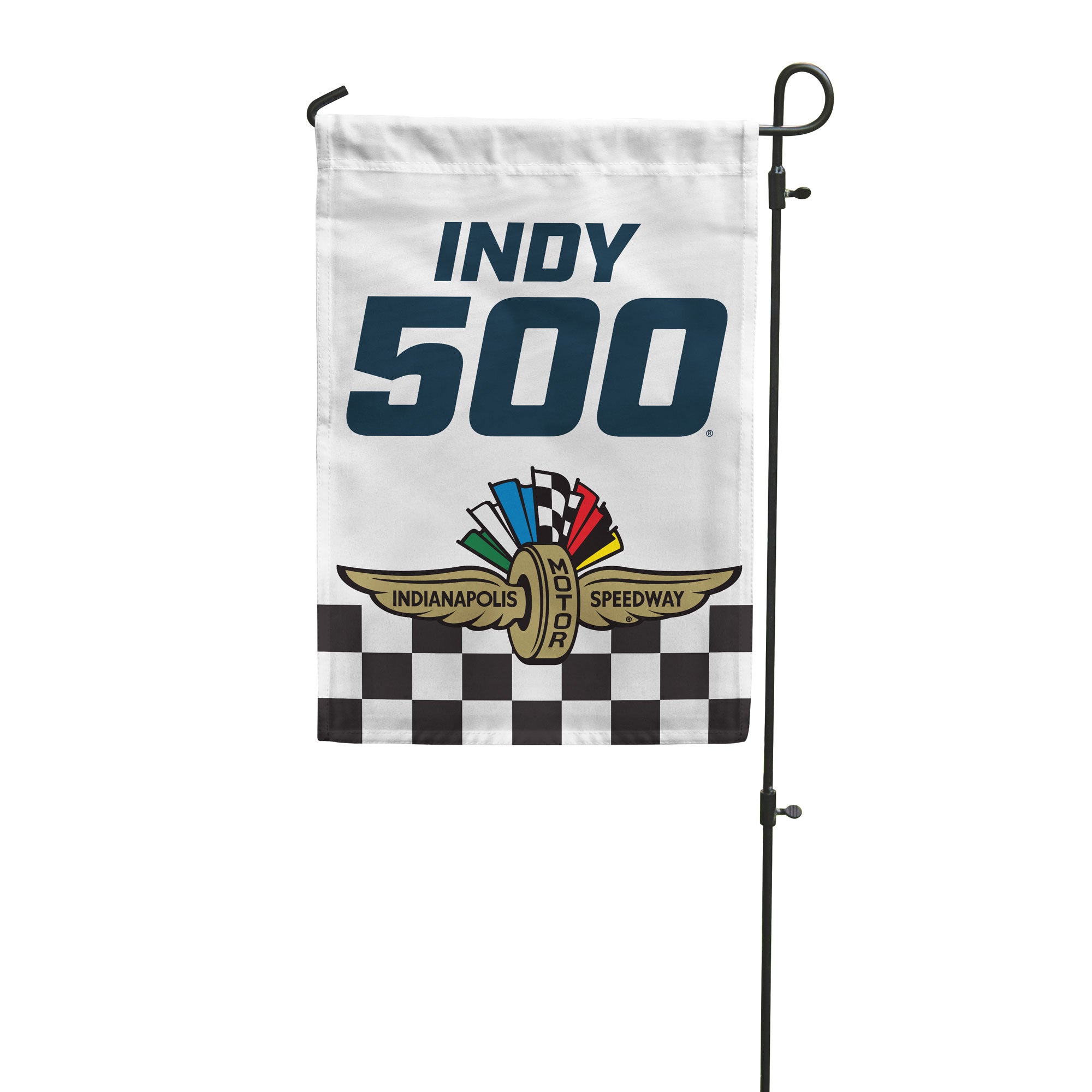 "Indy 500" in blue on a white garden flag with an Indianapolis Motor Speedway logo on a checkered flag on the bottom