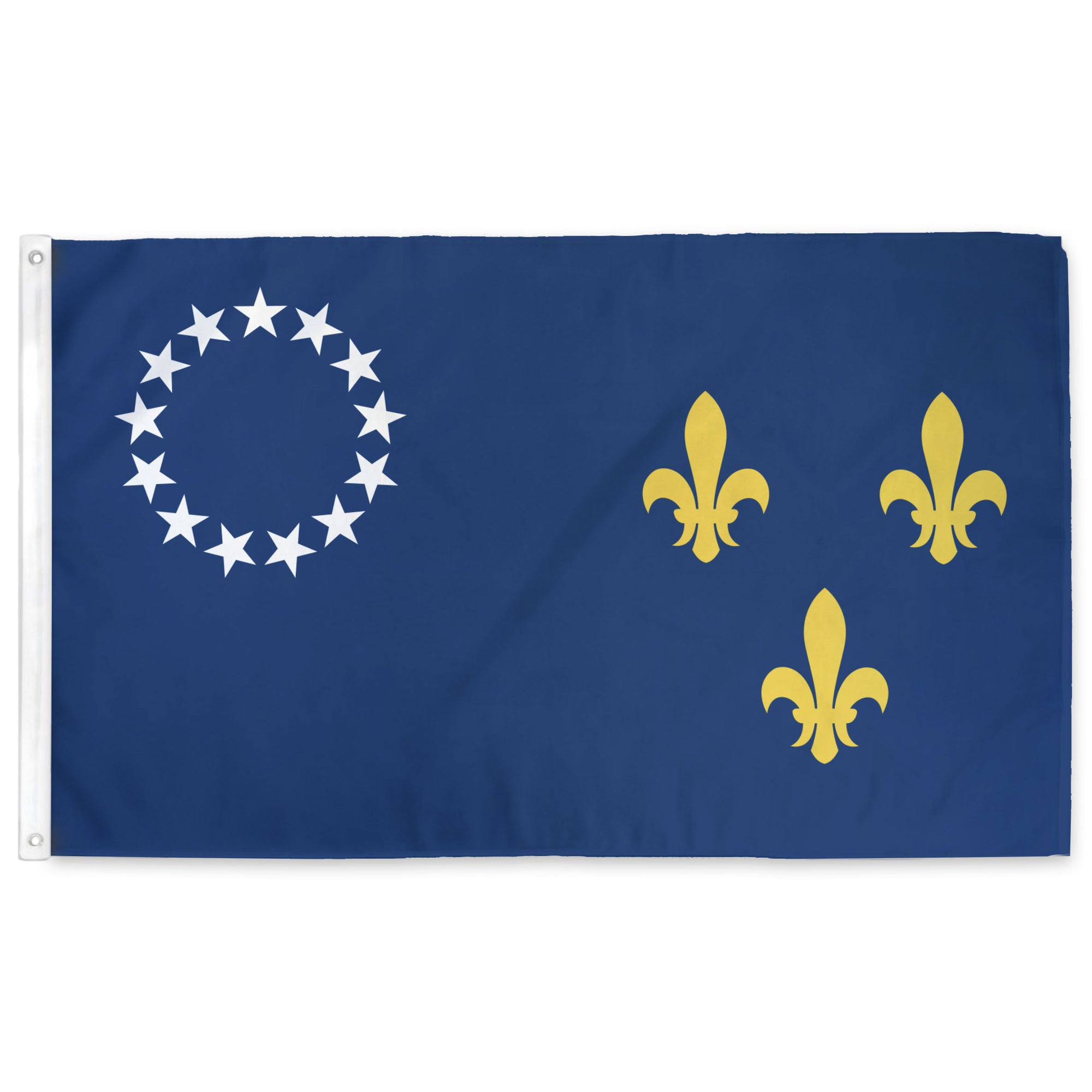 Louisville Kentucky flag with white circle of stars and three yellow fleur-de-lis on a blue background