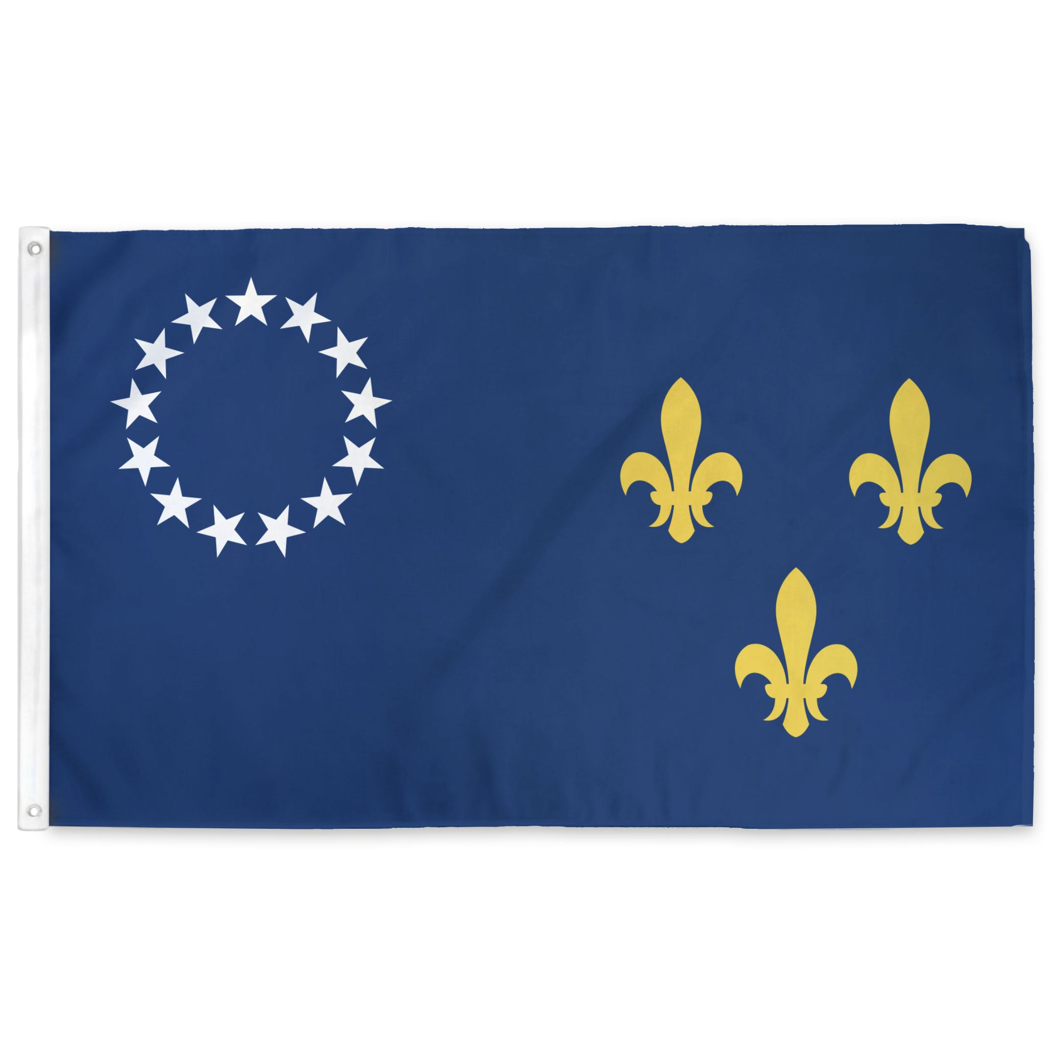 Louisville Kentucky flag with white circle of stars and three yellow fleur-de-lis on a blue background