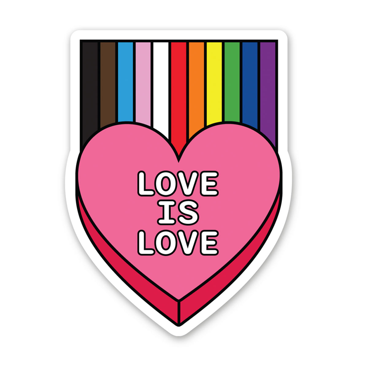 Love is love in a pink heart with a rainbow coming out of the top as a sticker