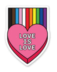 Love is love in a pink heart with a rainbow coming out of the top as a sticker