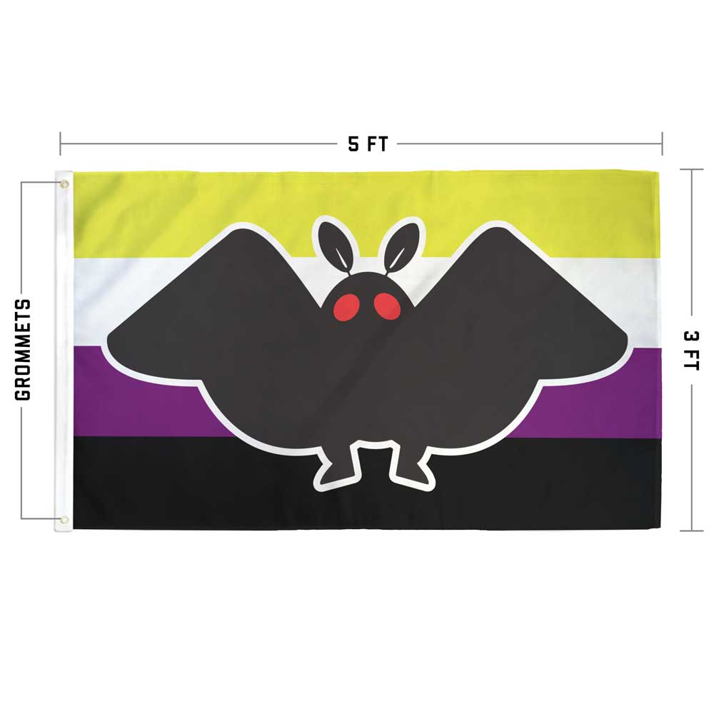 3 x 5 feet single-sided Mothman non-binary pride Flag with Grommets. Mothman is in the front with the non-binary flag in the background