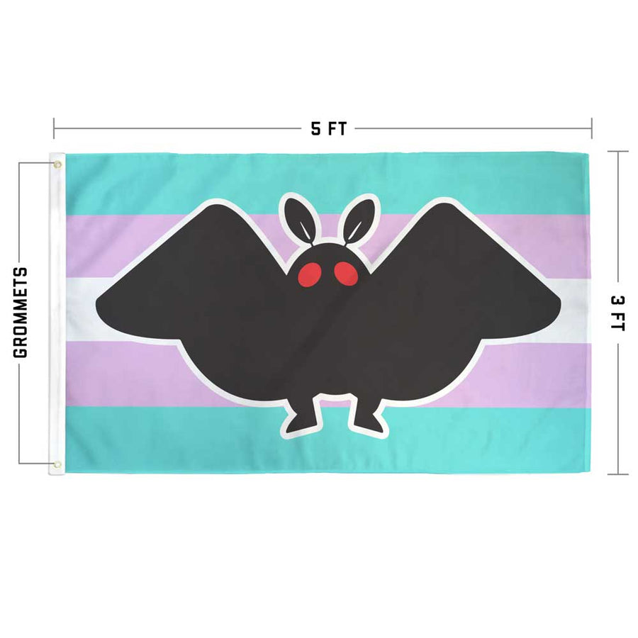 3 x 5 feet single-sided Mothman transgender pride Flag with Grommets. Mothman is in the front with the transgender flag in the background